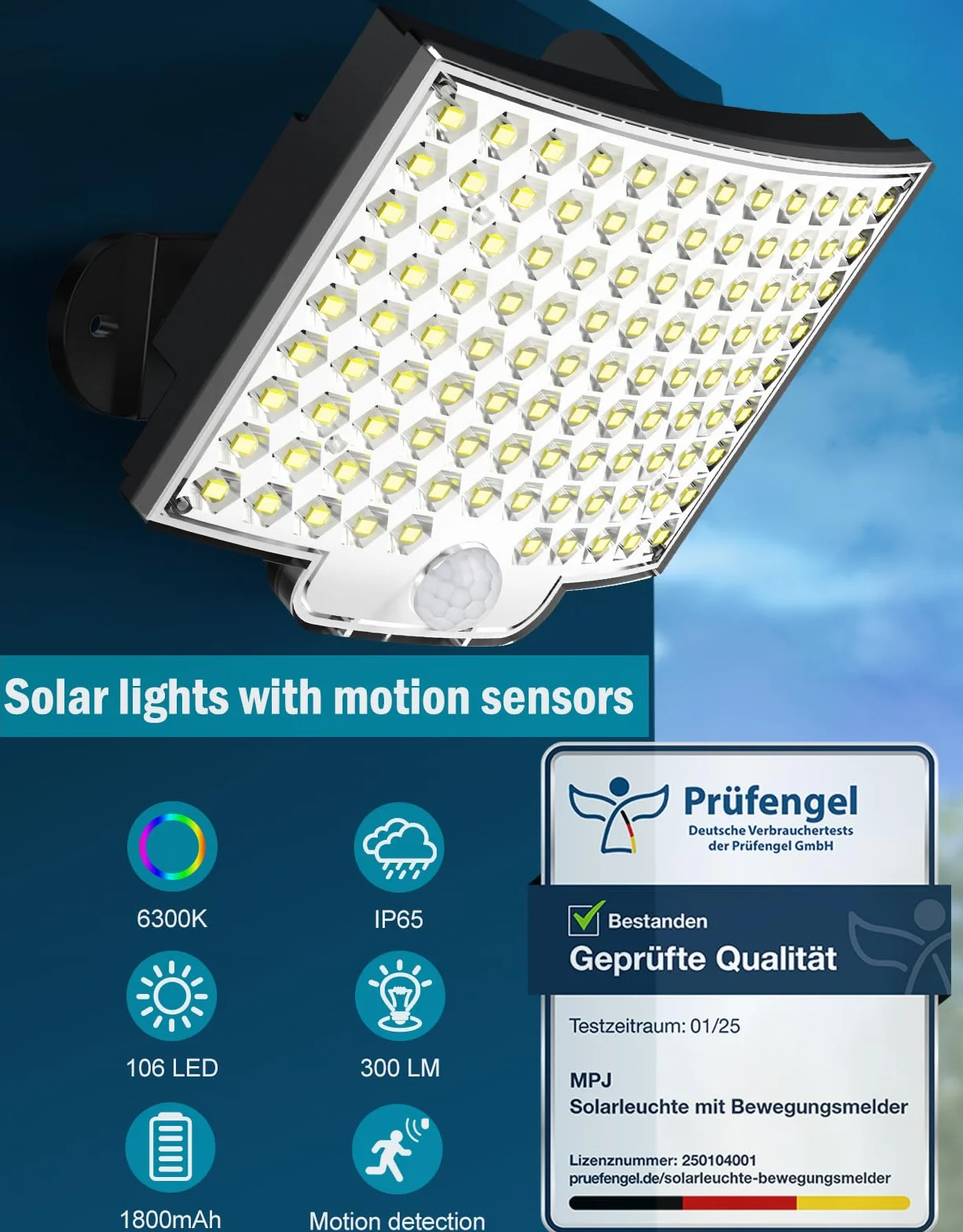 Lampy solarne MPJ do użytku na zewnątrz, zewnętrzna lampa solarna 106 LED z czujnikiem ruchu, wodoszczelność IP65, kąt świecenia 120°, solarna lampa ścienna do ogrodu, z kablem 5 m - 2 sztuki