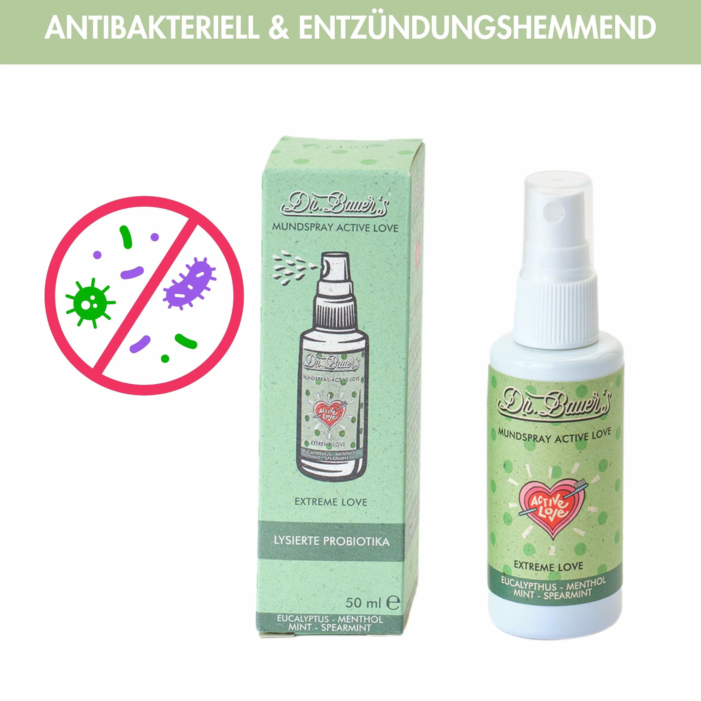 Dr. Bauer's Spray do ust Extreme Love – bardzo mocna świeżość mięty zapewnia natychmiastowy czysty oddech – wegański spray do oddychania bez alkoholu – intensywny i zrównoważony – 50 ml