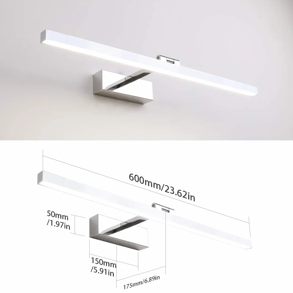 Klighten Lampa lustrzana LED obracana o 180° lustro oświetlenie szafki łazienka 14 W 60 cm lampa ścienna LED 5000 K-5500K, chrom