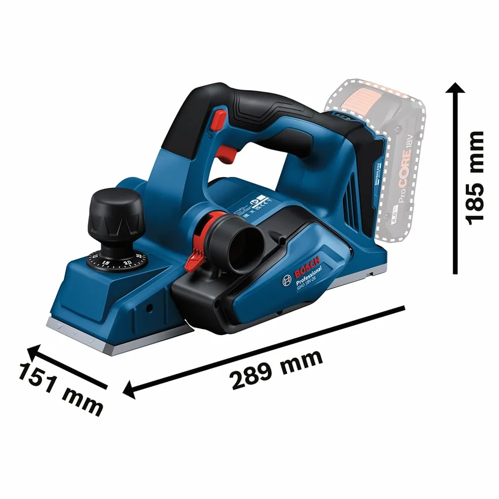 Bosch Professional 18V System Cordless Planer GHO 18V-26 (brushless Motor, incl. Dust Bag, Parallel Guide, 1x Wood Razor Blade)