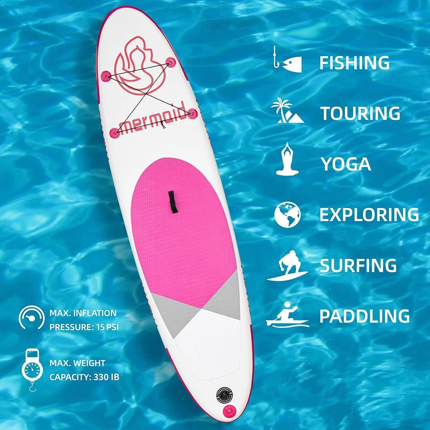 Nadmuchiwana deska do wiosłowania na stojąco 3 m – deska SUP dla wszystkich poziomów umiejętności, z akcesoriami SUP i wiosłem z włókna szklanego, płetwą, smyczą, pompką o podwójnym działaniu i