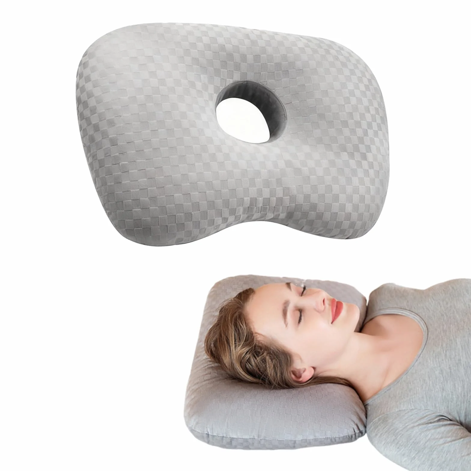 Poduszka do piercingu, poduszka w kształcie pączka z otworem, ergonomiczna poduszka do piercingu, poduszka do piercingu, łagodząca ból snu, poduszka (szara)