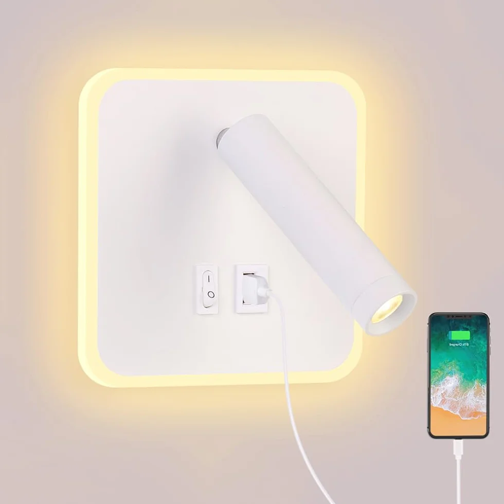 ERWEY Kinkiet LED 8 W lampka nocna do czytania Lampa ścienna z regulowanym reflektorem (3W 4000K +5 W 3000K) z portem ładowania USB (kwadrat, biały)