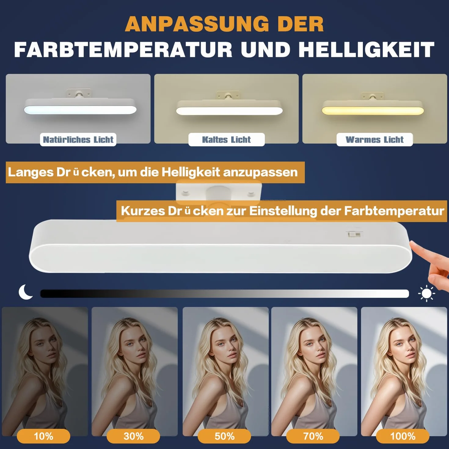 Oświetlenie toaletki LED, 4000 mAh, oświetlenie lustra, oświetlenie lustra, bez kabla, zdejmowana lampa obracana o 360°