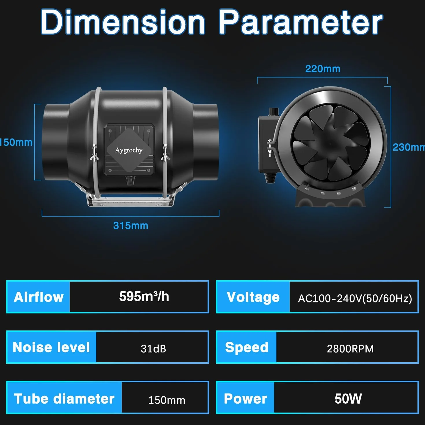 Aygrochy Inteligentny wentylator rurowy 150 mm z regulatorem temperatury i wilgotności, wentylator wyciągowy do wzmacniaczy, namiotów do uprawy, wentylacji i dmuchaw wyciągowych