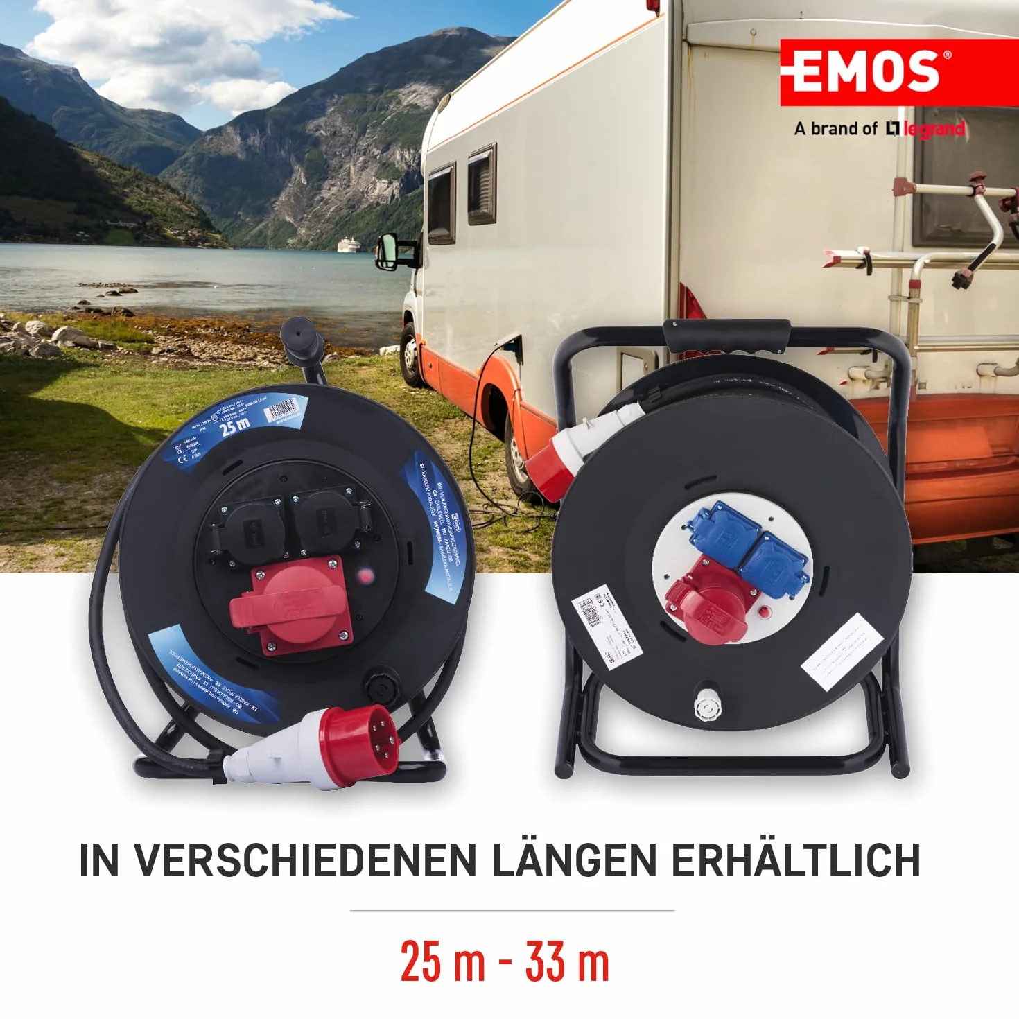 EMOS - Bęben kablowy CEE 25 m - 3 gniazda (1 CEE, 2 Schuko) - wodoszczelny - 230 V/400 V, 13 A, 3000 W/5000 W - izolacja gumowa - H07RN-F 1,5 mm2 - IP44 do użytku na zewnątrz i na kemping