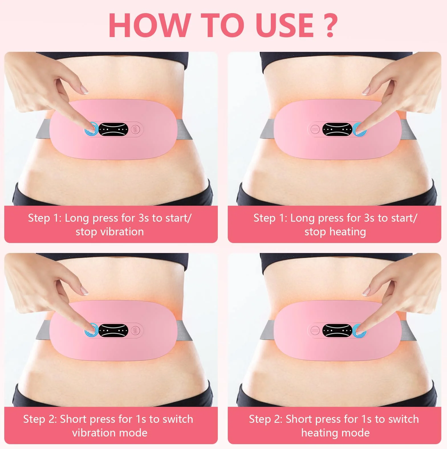 Okresowe paski grzewcze, menstruacyjny, pasek grzewczy, ładowany przez USB, bezprzewodowy, 3 poziomy ciepła i 3 tryby masażu wibracyjnego (różowy)
