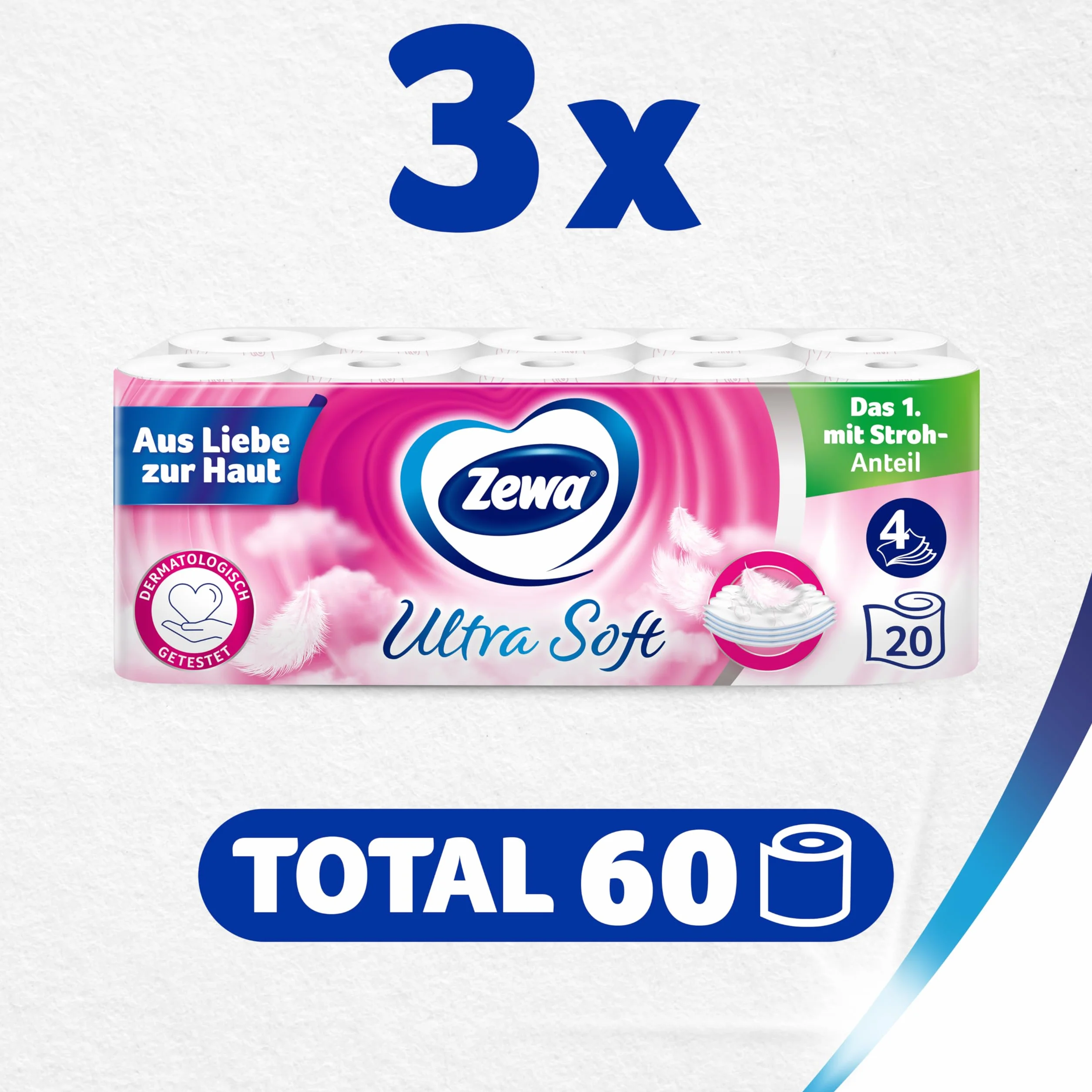 Zewa Ultra miękki papier toaletowy z zawartością słomy, 3 x 20 rolek, biały, 60 odliczeń (opakowanie 1)