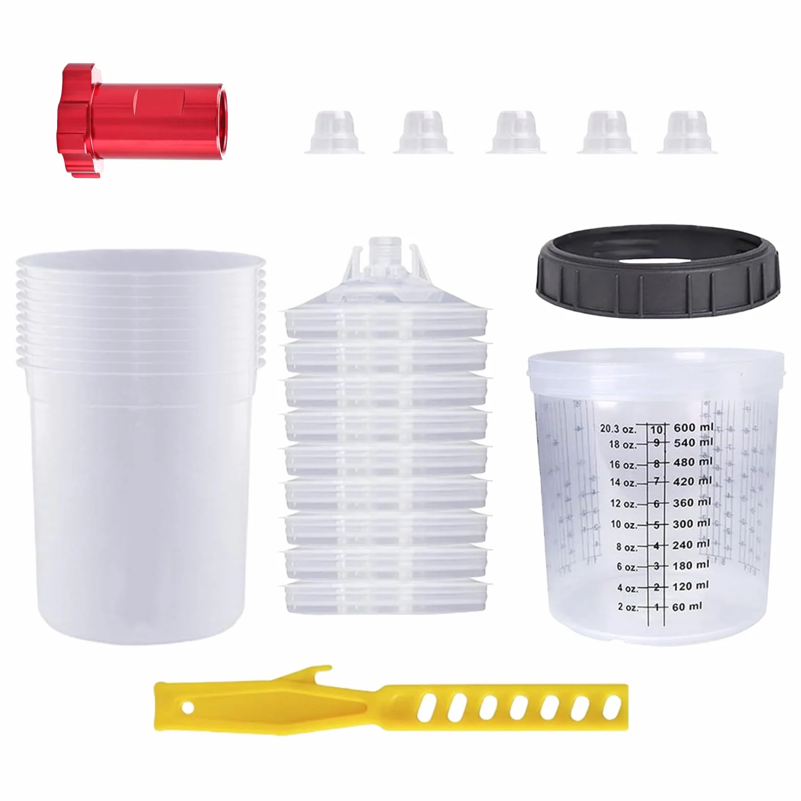 Zestaw kubków do mieszania farb 600 ml 10 sztuk 10 pokrywek z filtrami 1 twardy kubek 1 pręt 1 adapter 5 zatyczek