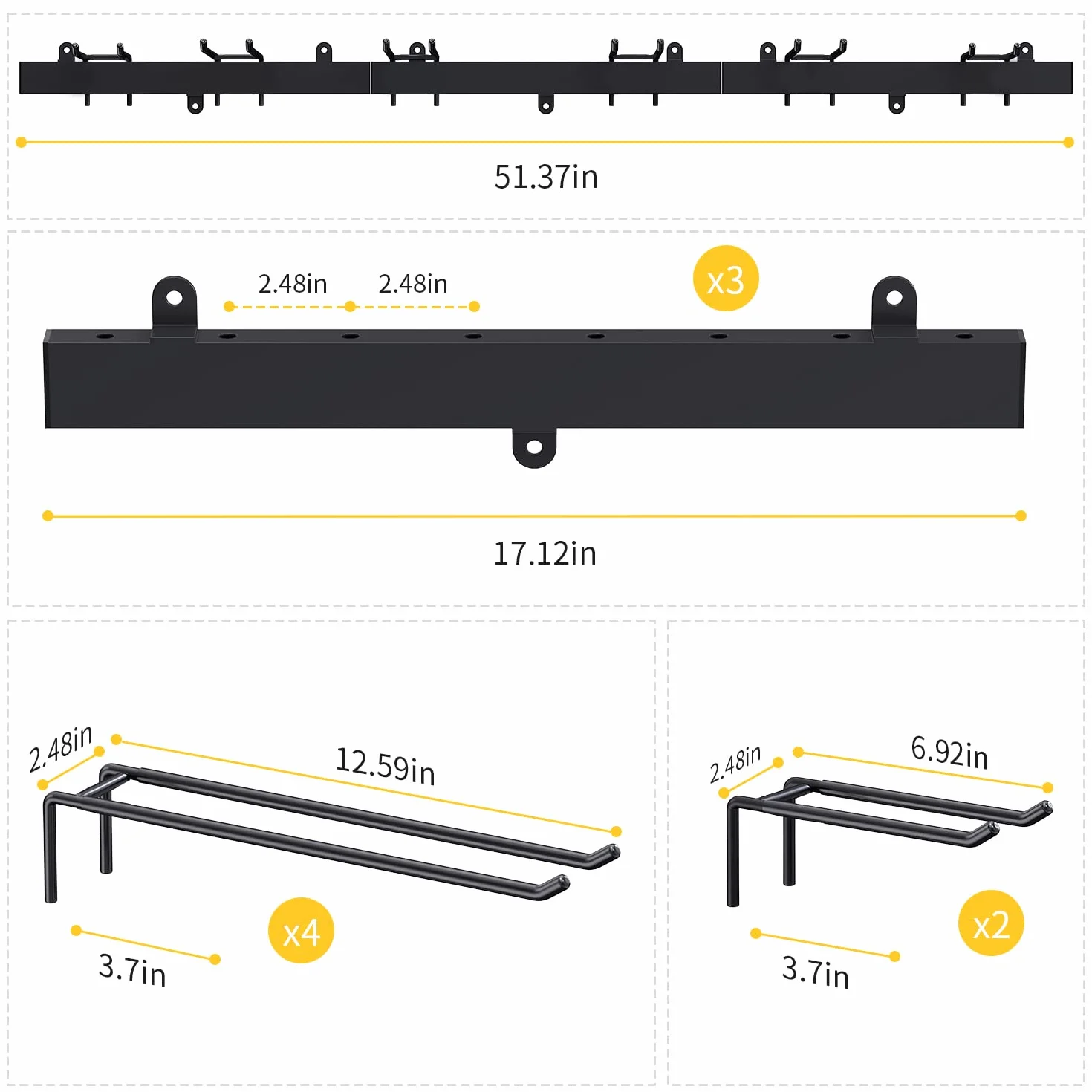 Bomclap Uchwyt na narzędzia garażowy 116 cm metalowy hak ścienny 6 haczyków organizer czarny