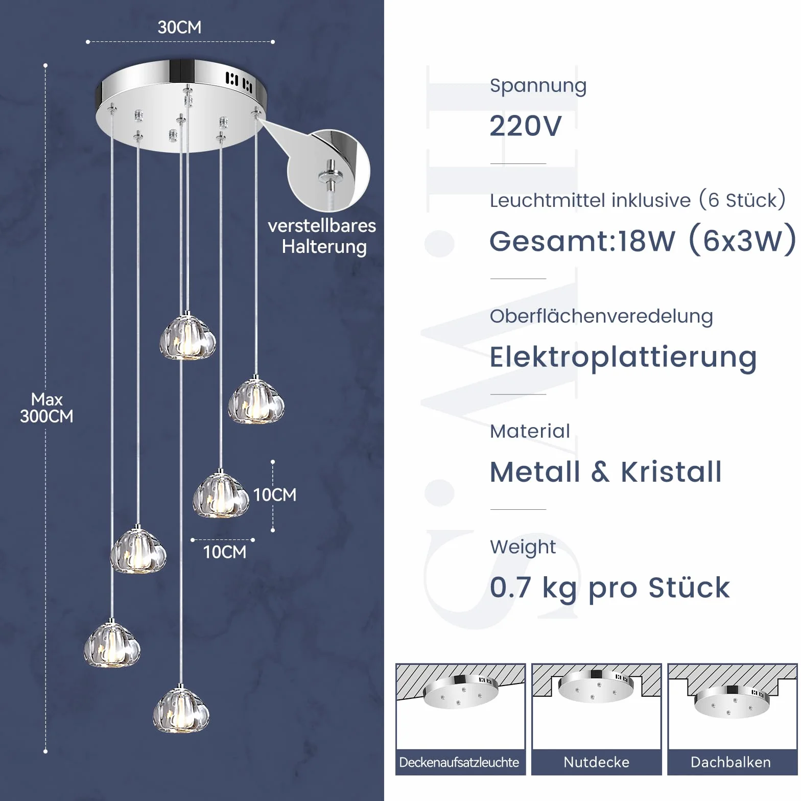 H.W.S Nowoczesna lampa wisząca LED, żyrandol Villa, regulowana wysokość, lampa wisząca szkło, do salonu, jadalni, przedpokoju, schodów, hotelu (6-punktowa, Okrągła, Chrom)
