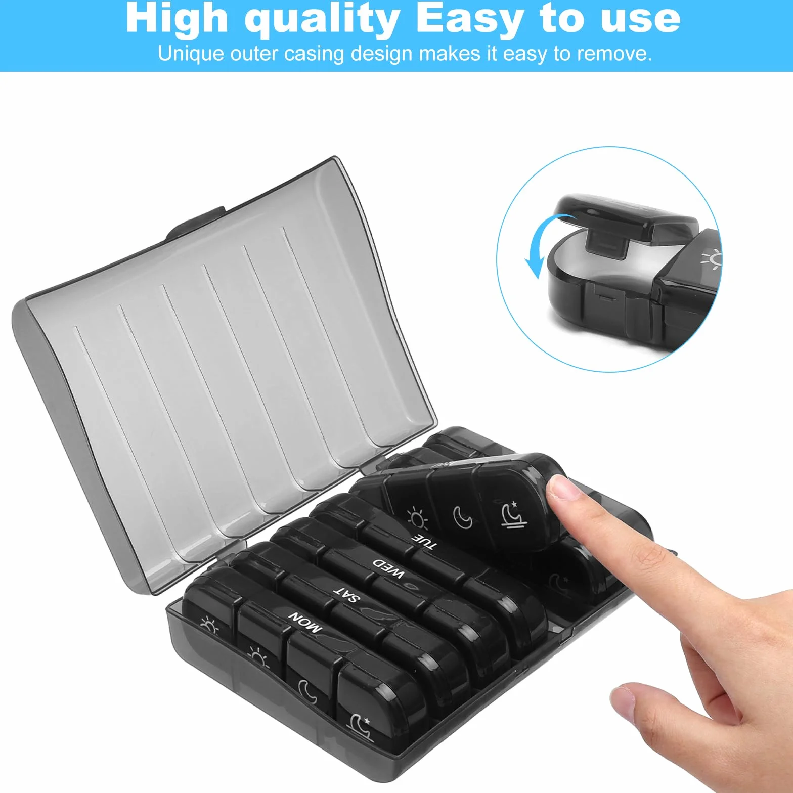 Pudełko na tabletki, 7 dni, 28 przegródek, bez BPA, z czarnym etui i mini szczotką, pudełko na tabletki 7 dni rano w południe, wieczorem, duże przegródki, pudełko na suplement do podróży i na co dzień