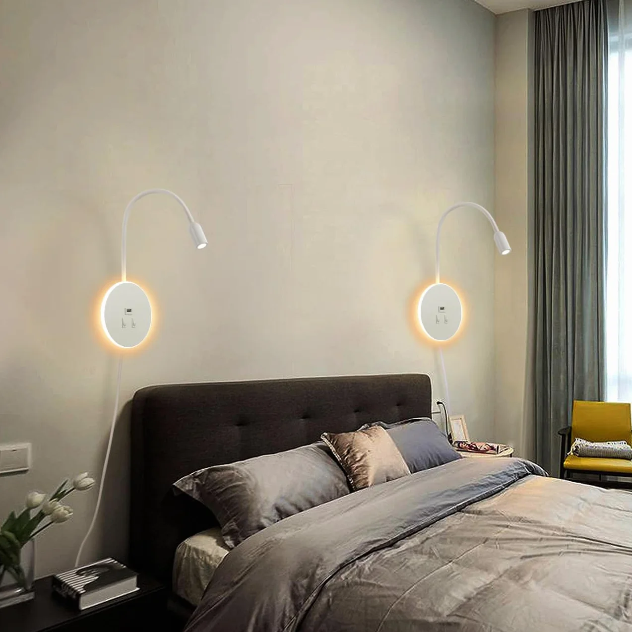 LED Kinkiet, gęsia szyja z Przełącznikiem, z portem ładowania USB, Obrotowa Lampka Nocna Nowoczesna Lampa do Czytania lampki Ścienna, 3W 3000K+8W 6000K do sypialni, Z kablem i wtyczką (Biały)