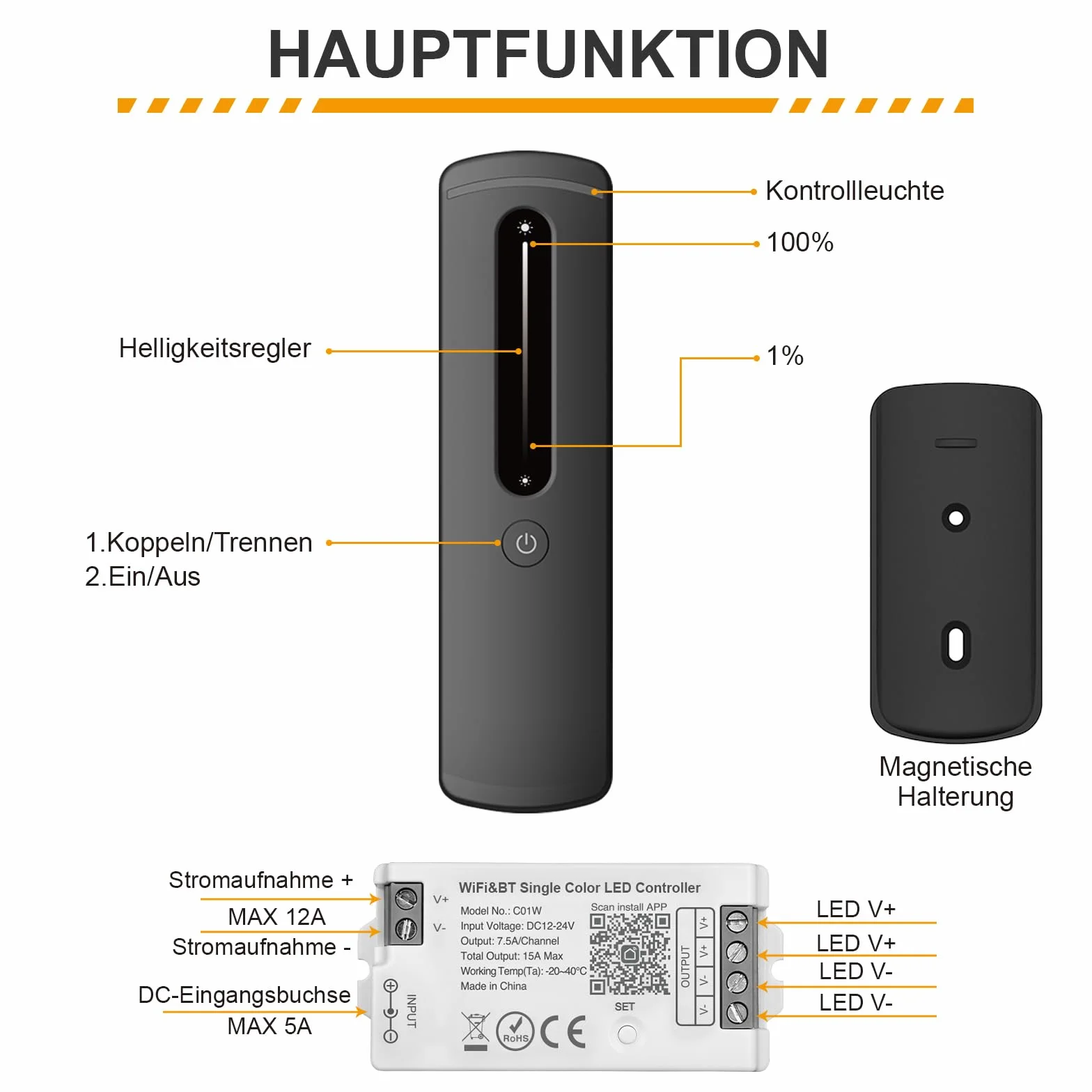 Ściemniacz LED WiFi Single Colour 12 V/24 V – Smart Home Controller z aplikacją Tuya/Smart Life, automatyczne przełączanie Bluetooth, moc 15 A, 2 x V +/V, 2,4 G RF Touch pilot zdalnego sterowania z