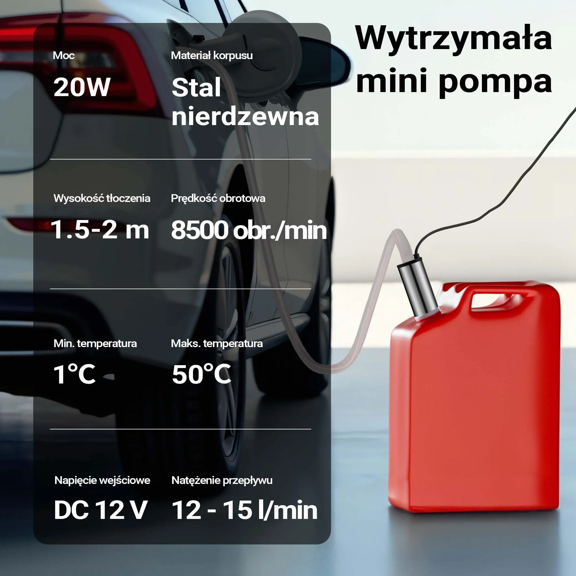 Mini pompa Wiltec 12-15 l/min 8500 obr/min 12 V, wylot 16 mm, pompa zanurzeniowa do wody i oleju napędowego, do spuszczania cieczy, odwadniania, pompowania ponad