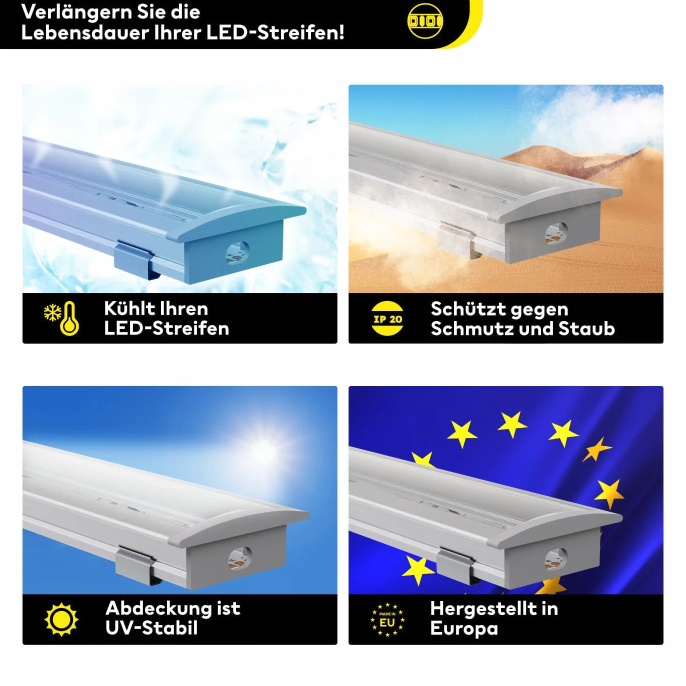 Anodowany profil aluminiowy LED, 150 cm, profil do zabudowy, przezroczysta osłona, do taśm LED 16 mm, kompatybilny z Philips Hue, 1,5 m, Ems