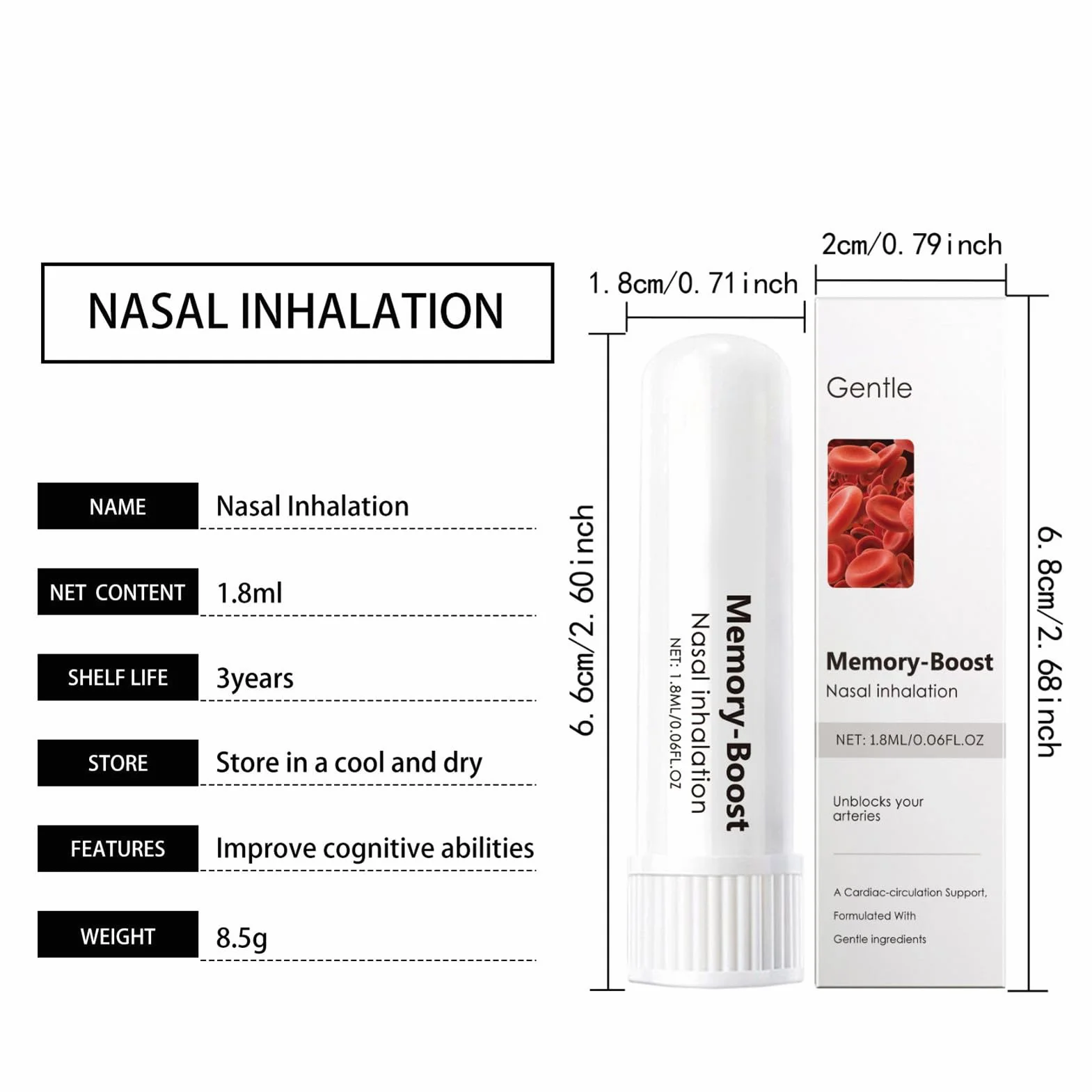 Memory Boost przenośny inhalator z przyssawką do nosa, dyfuzor do aromaterapii, świeże powietrze, miękkie składniki, kojący, 1,8 ml, do oddychania