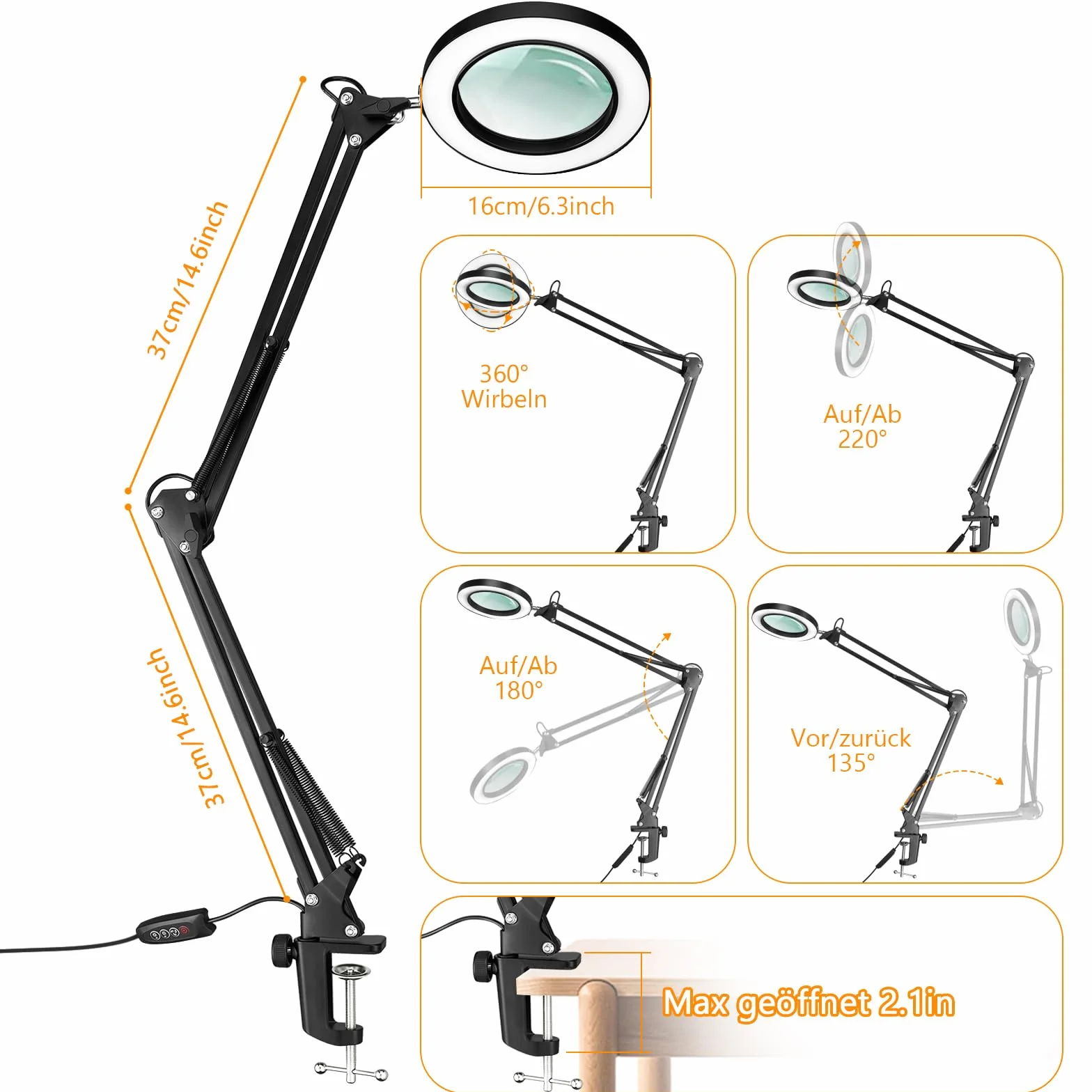 Lampa LED z lupą, 10 x lampa z lupą z zaciskiem, lampka do czytania, 3 tryby kolorów, 10 poziomów jasności, ściemniana, lampa biurkowa z lupą do czytania, hobby, majsterkowania, dla seniorów