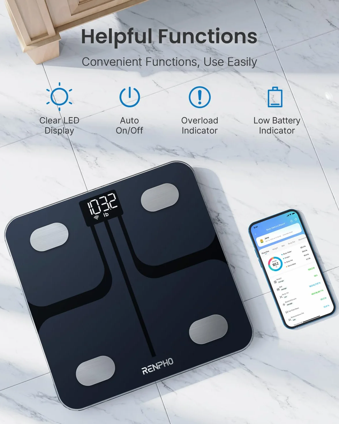 RENPHO Inteligentne Wi-Fi Wagi tkanki tłuszczowej do masy ciała, Cyfrowa waga łazienkowa Waga Bluetooth, Monitor składu ciała Wagi BMI z aplikacją na smartfona do toru fitness, technologia Step-On, czarny