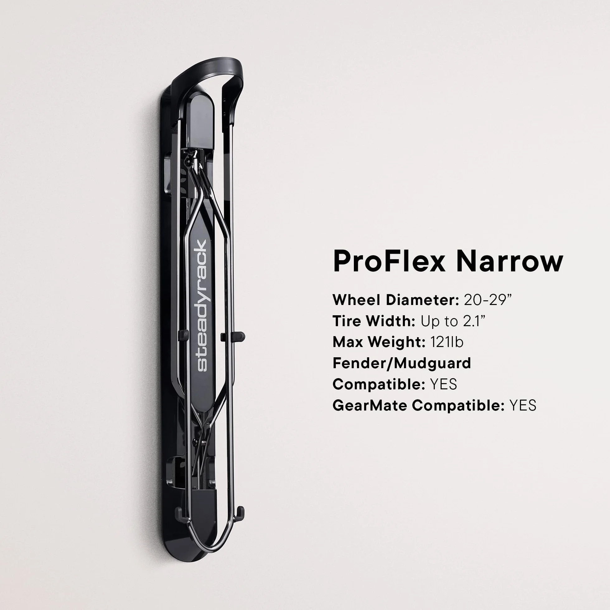 Steadyrack ProFlex Uchwyt rowerowy wąski pionowy ścienny do rowerów szosowych BMX Gravel z błotnikami GearMate SteadySpine