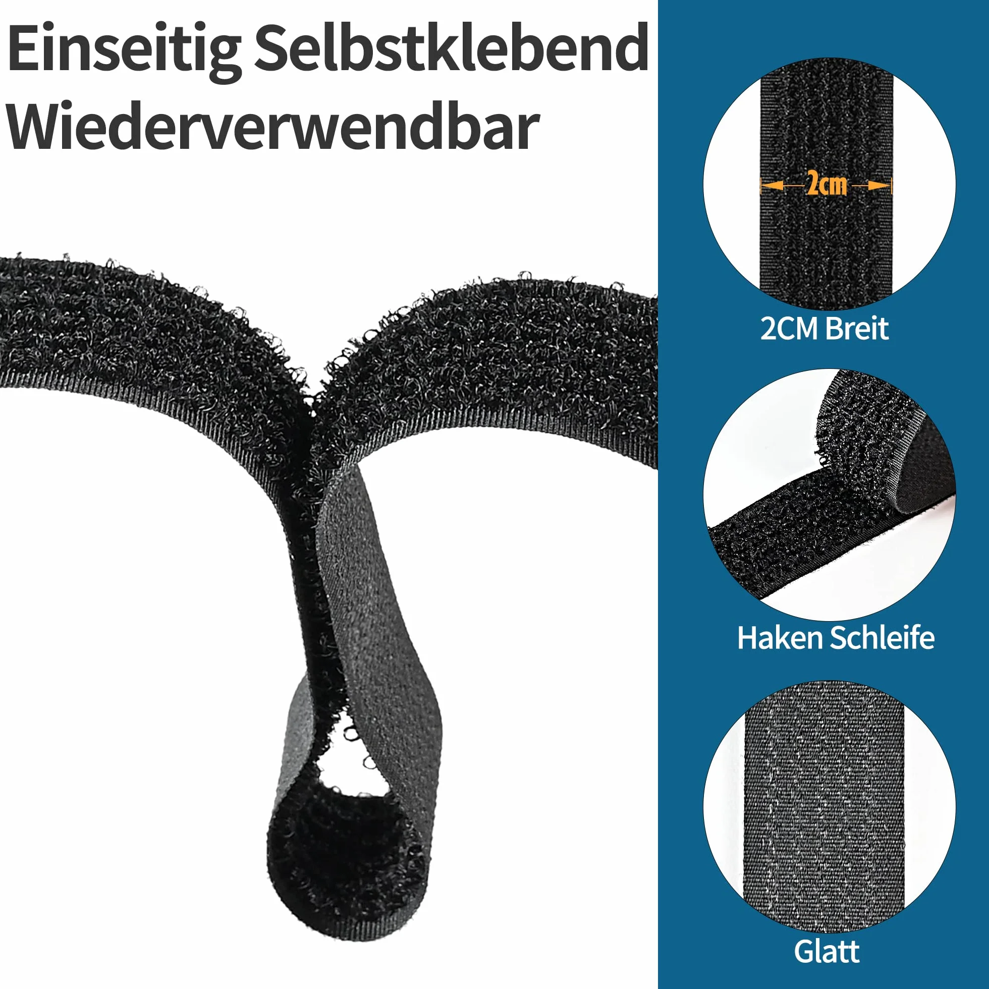 FINIBO Taśma na rzep 12,5 m z 50 klamrami i 10 haczykami, możliwość dowolnego przycięcia, opaski kablowe na rzep, wielokrotnego zamknięcia, 2 cm szerokości, kabel na rzepy do kabla, przewodów, węży