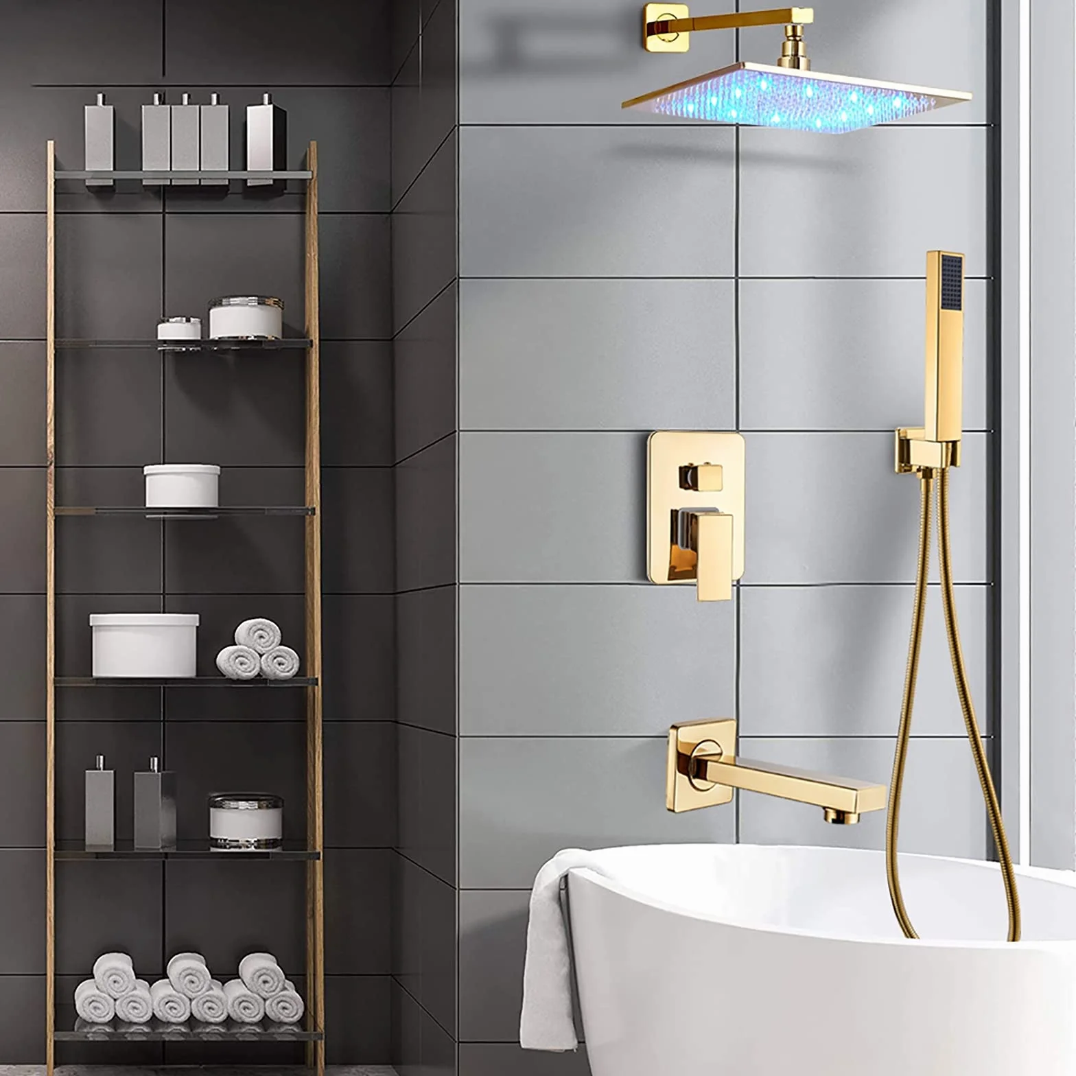 System prysznicowy LED z wylewką wannową, deszczownicą kwadratową i ręcznym zestawem prysznicowym, ściennym zestawem baterii prysznicowej Golden (16 inches)