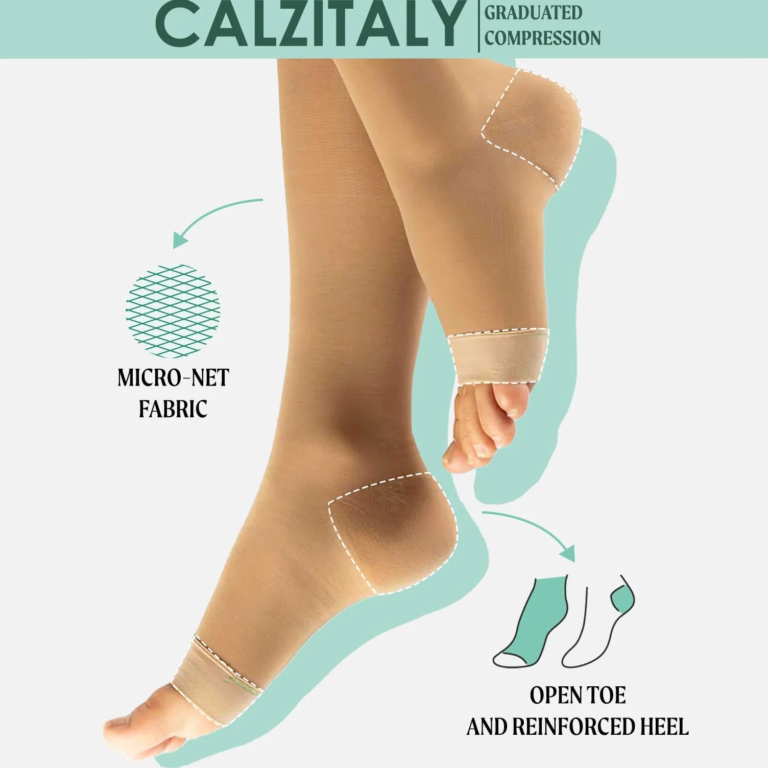 CALZITALY 1/2 pary Pończochy Medyczne samoregulatory podtrzymujące mocne otwarta końcówka kompresyjna 15-21 mm/Hg | Czarny, naturalny | S, M, L, XL | 140 DEN | Wyprodukowano we Włoszech