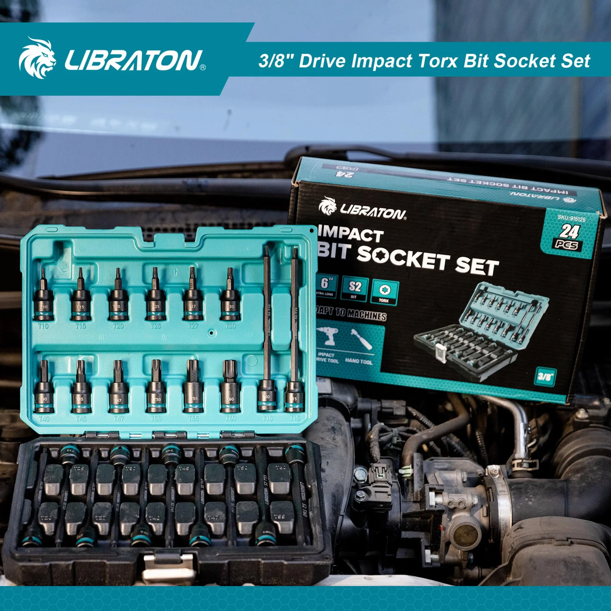 LIBRATON Zestaw nasadek bitowych i Torx 3/20,3 cm, bardzo długie gniazdo Torx, gniazda bitowe ze stali stopowej S2, T10-T60