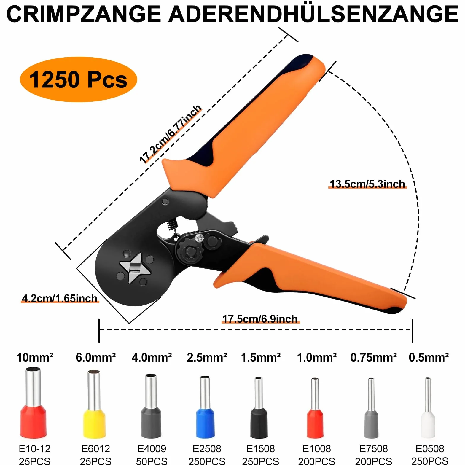 Zestaw szczypiec do zaciskania końcówek kablowych z 1250 końcówkami kablowymi, samonastawne szczypce zaciskowe 0,25-10 mm², zestaw szczypiec z końcówkami kablowymi do użytku domowego