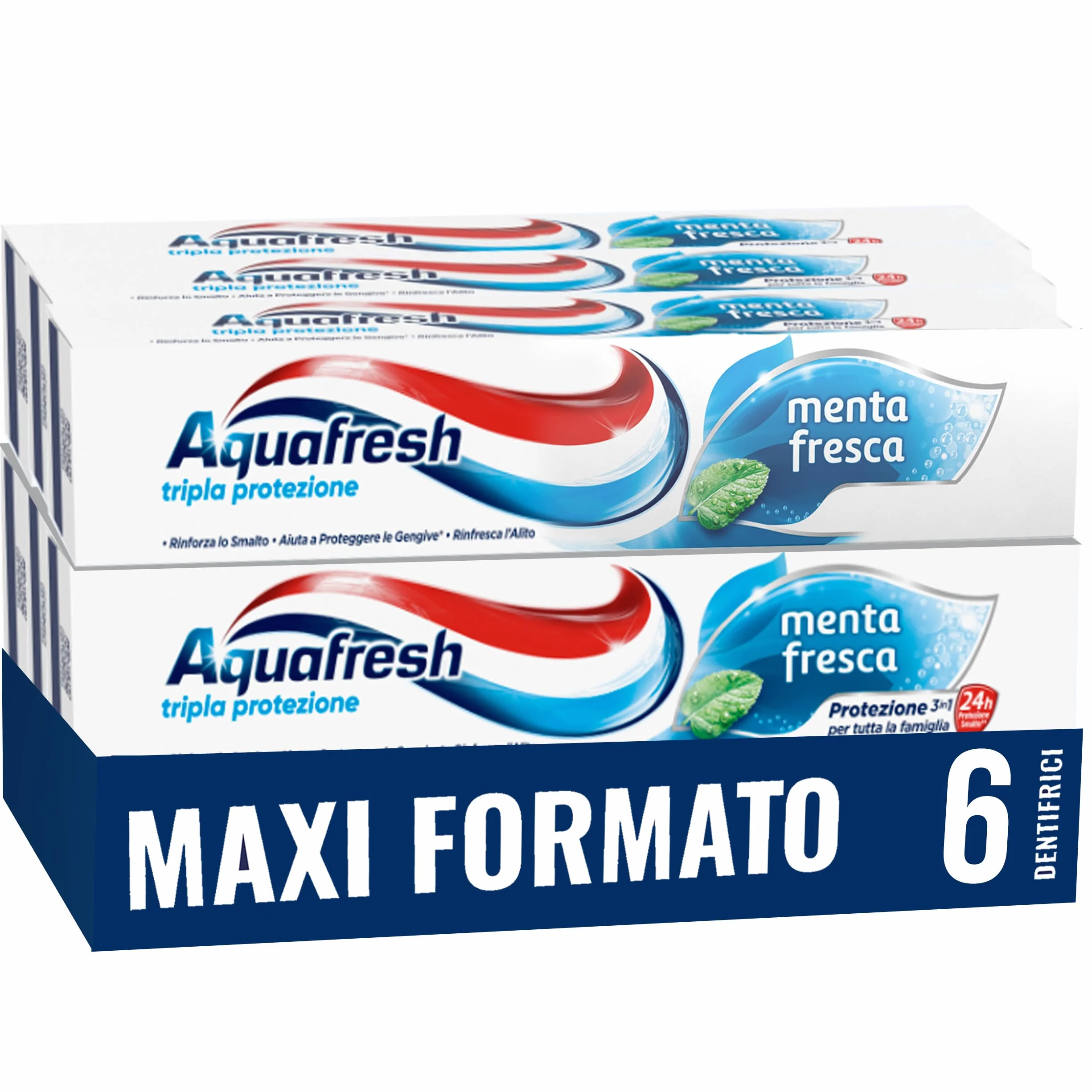 Aquafresh Potrójna ochrona, pasta do zębów 3 w 1 dla całej rodziny, silne zęby, zdrowe dziąsła, świeży oddech, świeży miętowy smak, Maxi opakowanie 6 past do zębów x75ml - 450ml