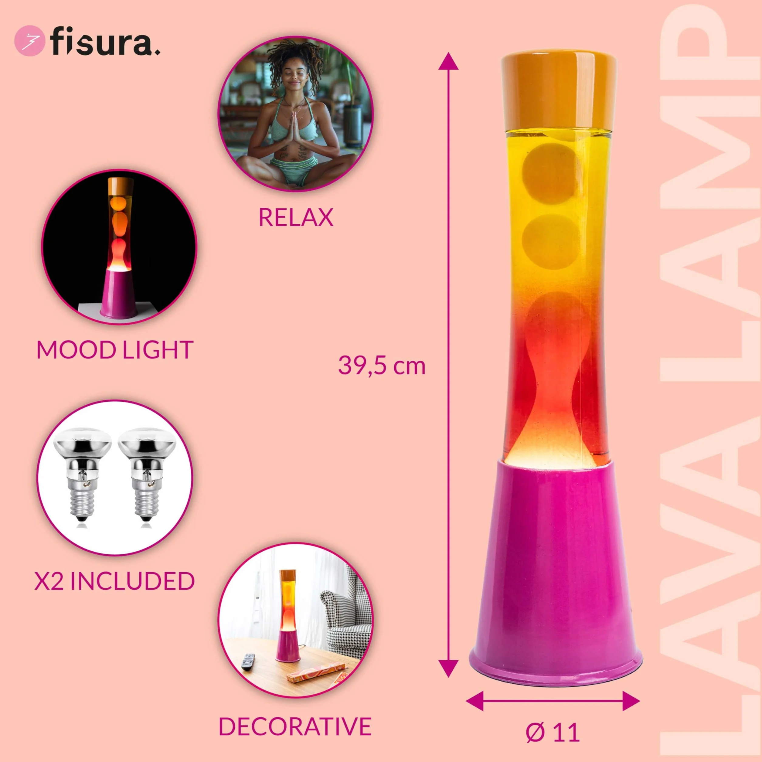 Fisura Lampa lawowa ombre różowo-pomarańczowa 11 cm x 11 cm x 39,5 cm z zapasową żarówką