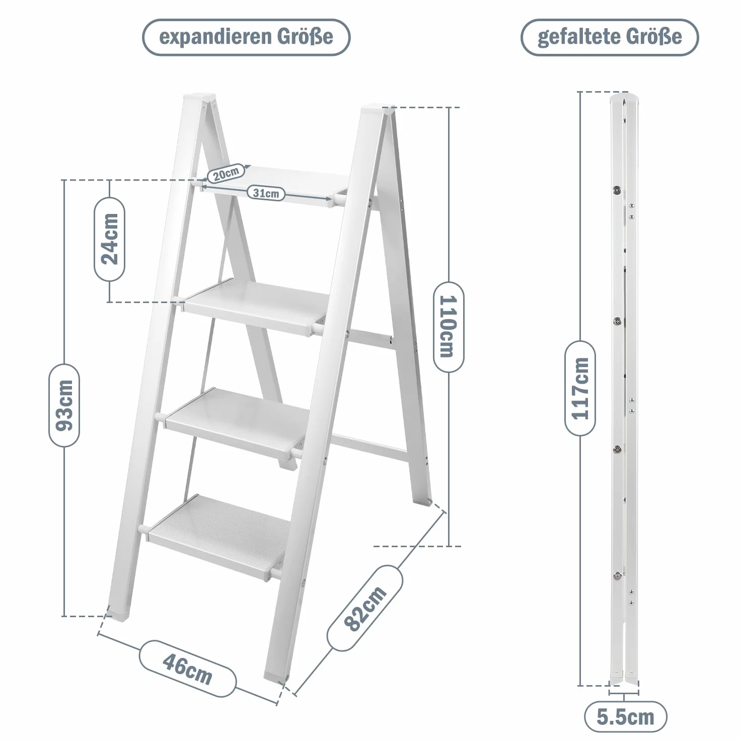 Eulenke Aluminiowa drabina składana, 4 stopnie, lekka, aluminiowa drabina schodowa, 4 stopnie, składana, antypoślizgowa drabina z zabezpieczeniem przed składaniem, składana drabina do domu, kuchni,