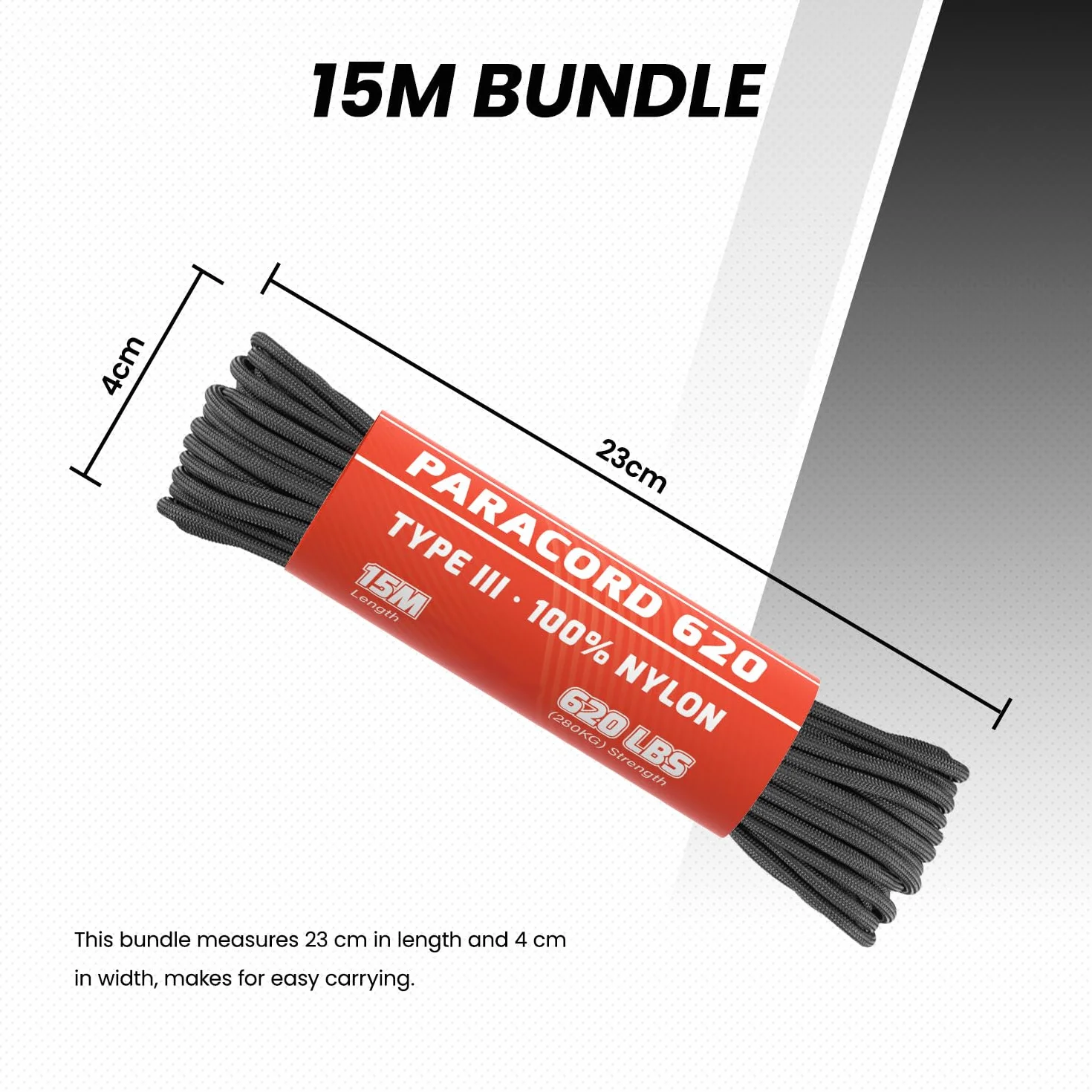 Abma Cord Paracord 4mm 15m 100% Nylonowa Sznurek Linka 9-żyłowa Typ III do Biwakowania, Majsterkowania, Zewnątrz, Survivalowy - Max. 280kg (620lb) - Czarny