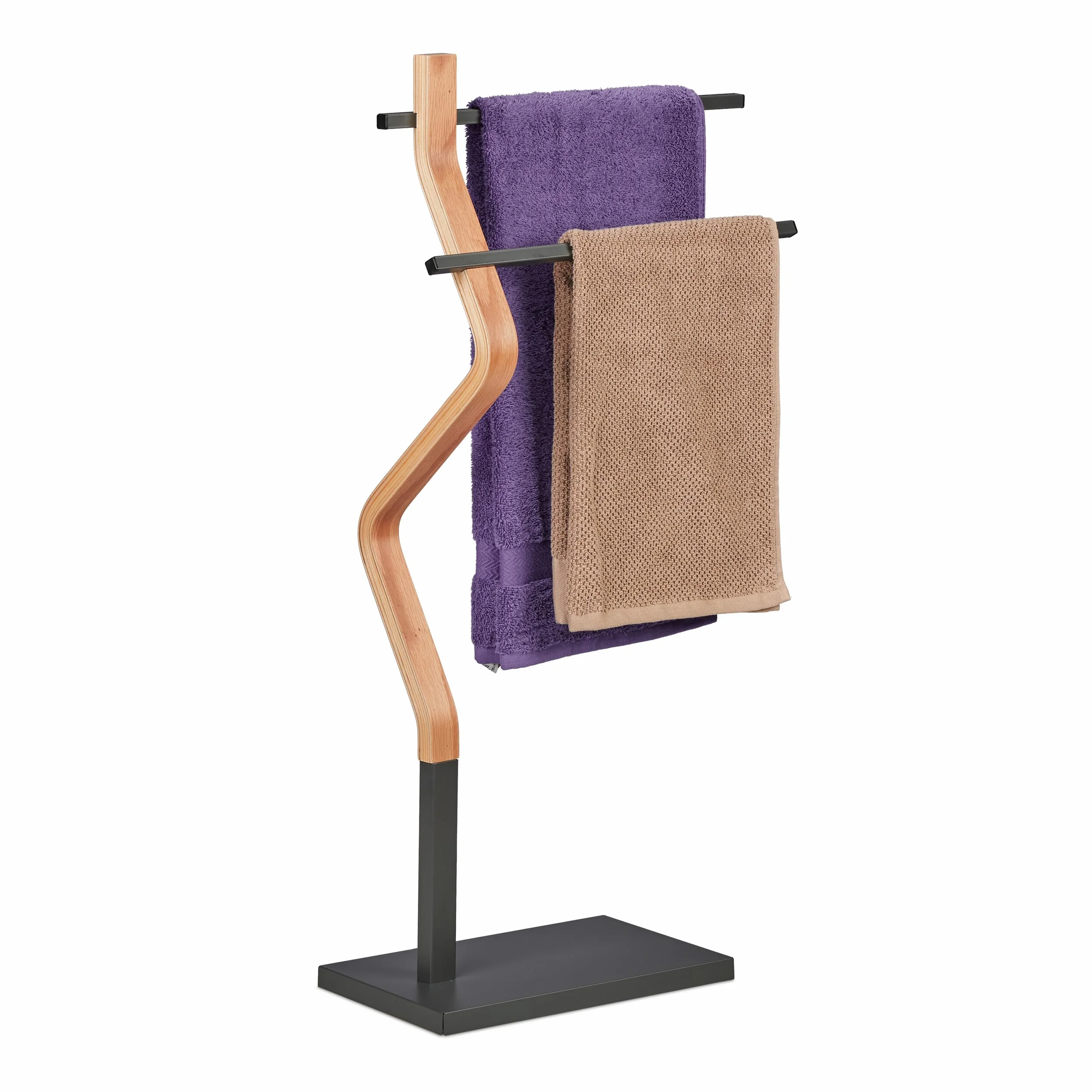 Relaxdays Wieszak na ręczniki wygięty design, 2 metalowe drążki, wys. x szer. x gł.: 85 x 43,5 x 20 cm, stojak łazienkowy, stal i MDF, naturalny/szary