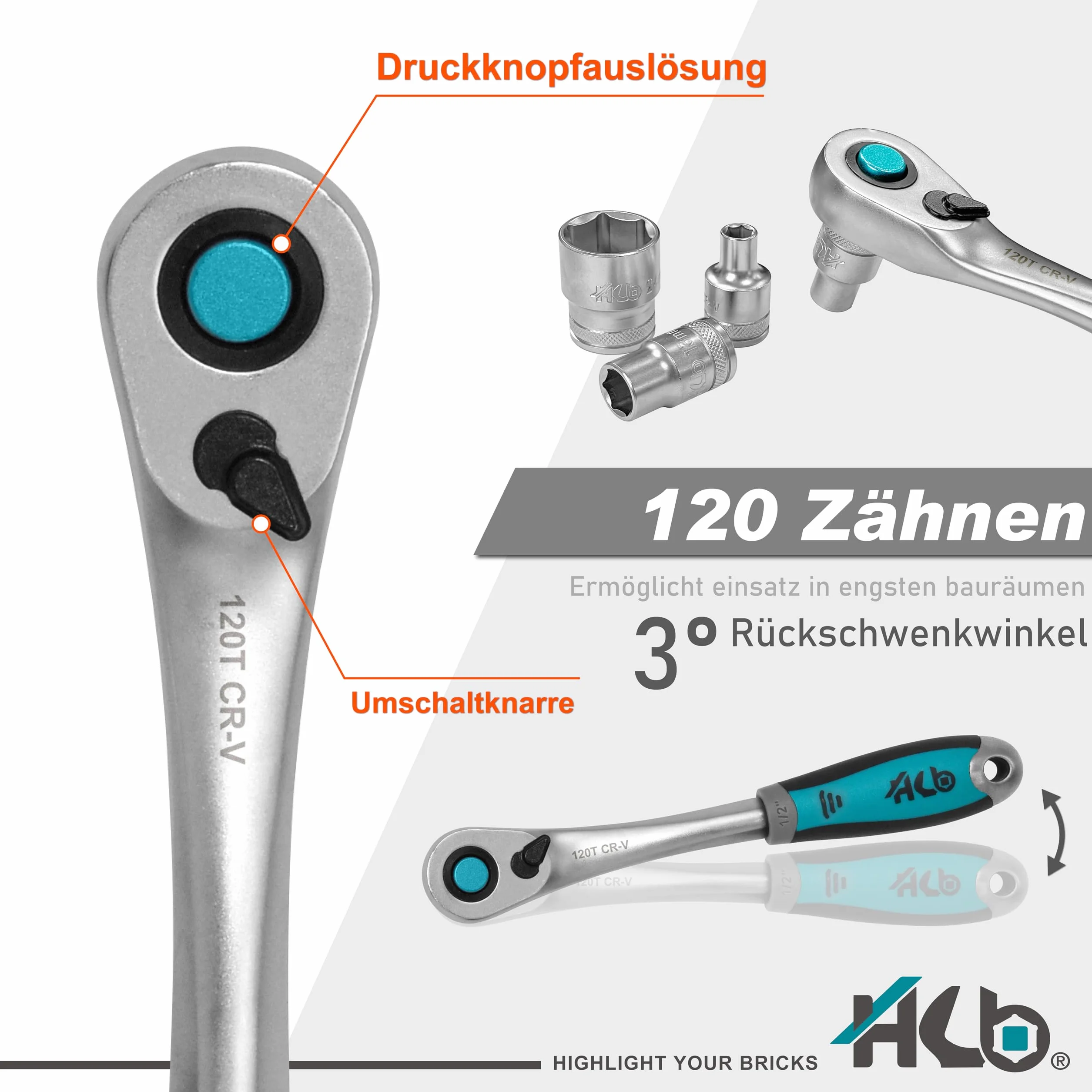 HB Zestaw Nasadek 43 Sztuki 1/2" z Grzechotką 120 Zębów Offset Rewersyjną, Quick Release, Metalowa Walizka z Wkładką EVA, Made in Taiwan AKM015-G