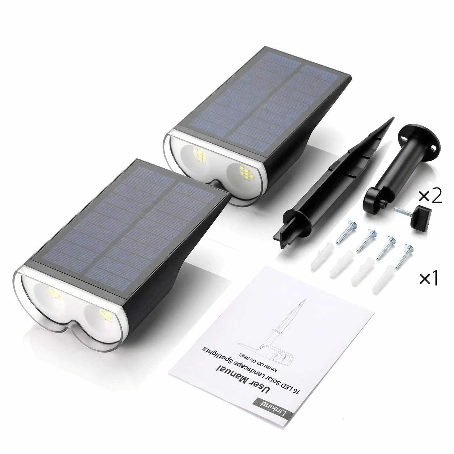 Linkind solarne reflektory krajobrazowe, 16 LED, praca od zmierzchu do świtu, 6500 K, solarne zewnętrzne światła ogrodowe, naturalna biel, IP67, wodoodporne lampy ścienne do ogrodu, podjazdu, chodnika, na ganek, 2-pak