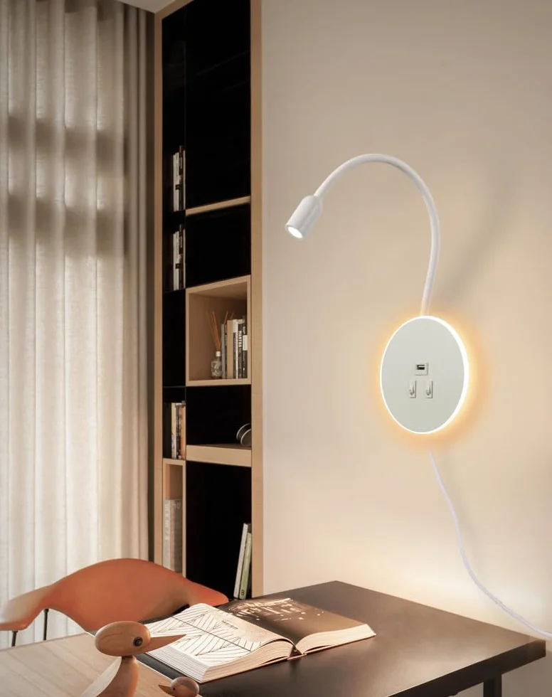 LED Kinkiet, gęsia szyja z Przełącznikiem, z portem ładowania USB, Obrotowa Lampka Nocna Nowoczesna Lampa do Czytania lampki Ścienna, 3W 3000K+8W 6000K do sypialni, Z kablem i wtyczką (Biały)
