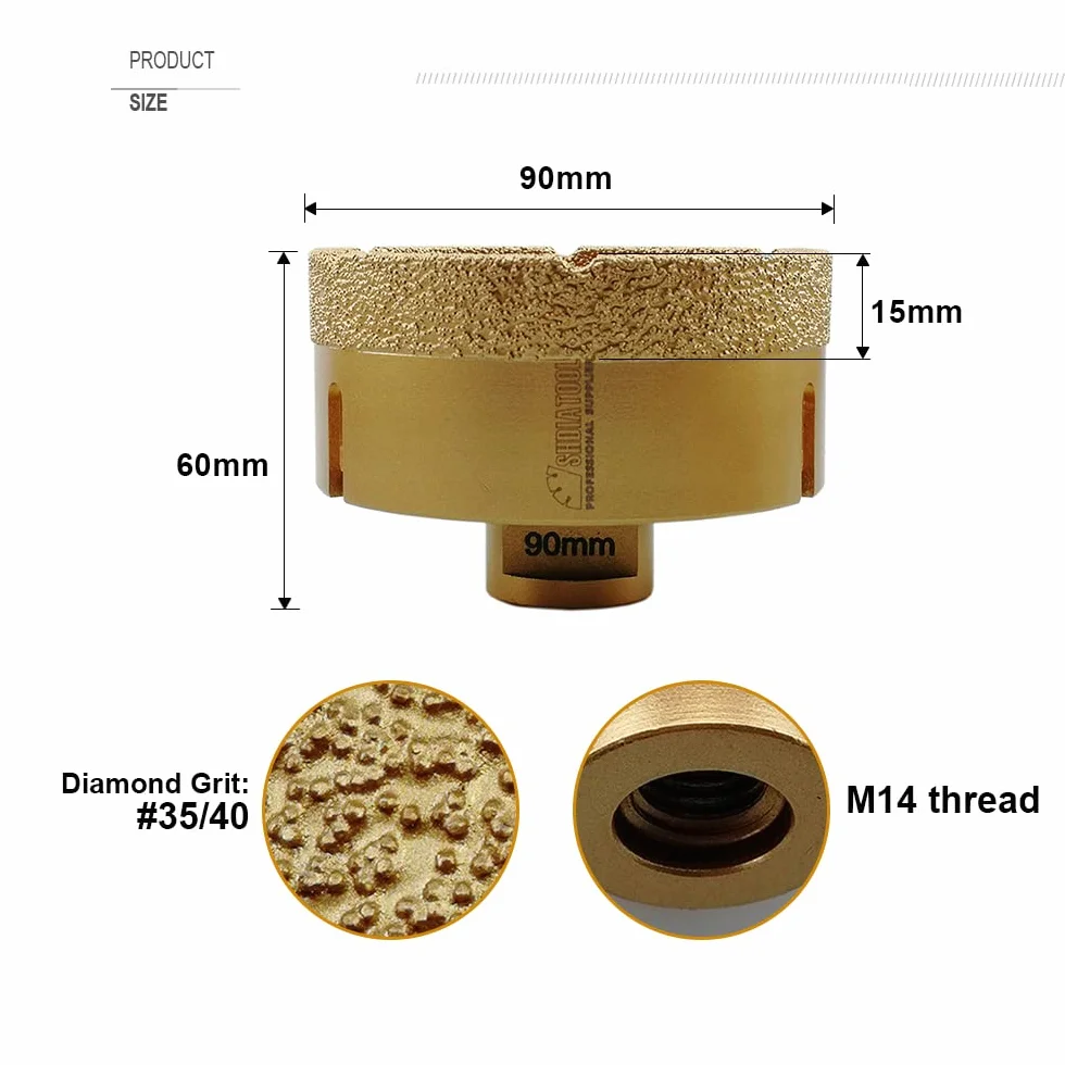 SHDIATOOL Wiertło diamentowe, średnica otwornicy 90 mm M14 gwint lutowany próżniowo do ceramicznych płytek porcelanowych, granitu, marmuru, cegły murarskiej