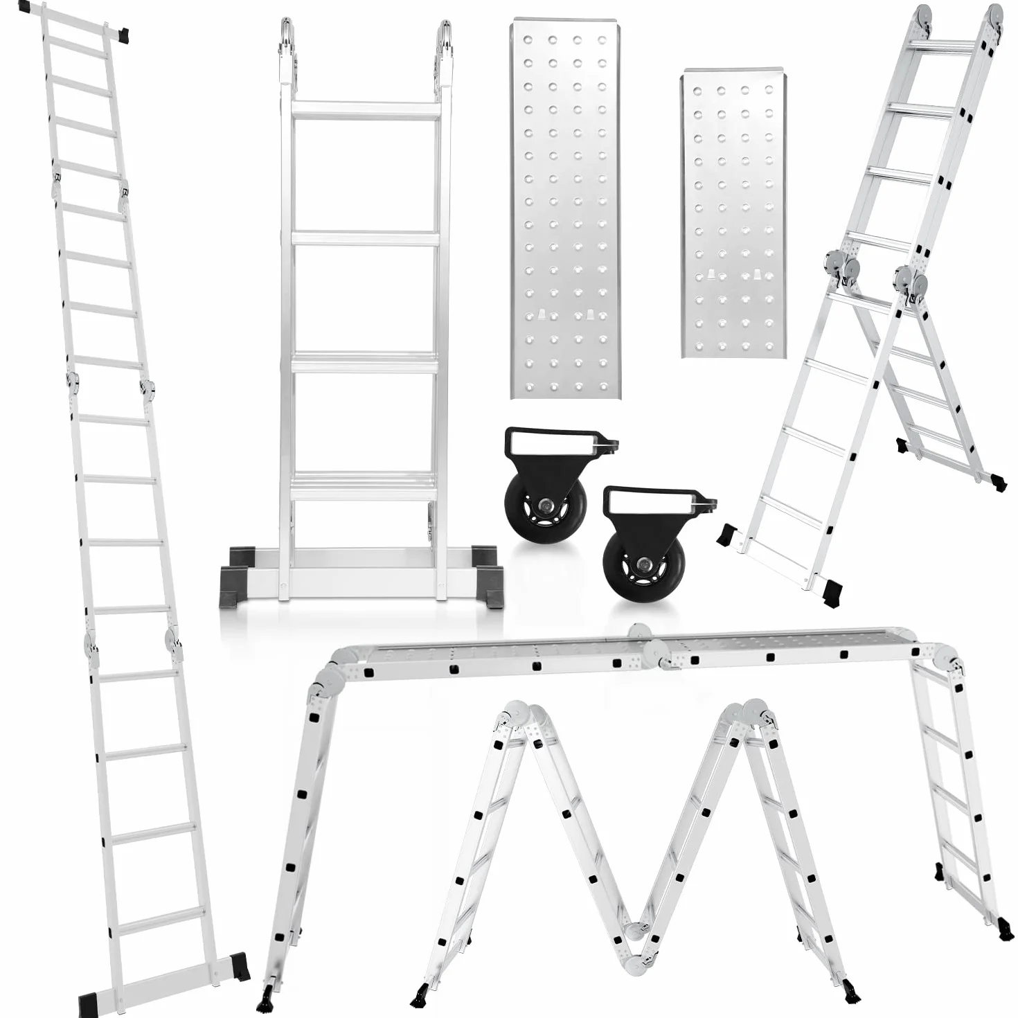 Randaco Wielofunkcyjna drabina 7 w 1, 582 cm, 4 x 5, aluminiowa, wielofunkcyjna, z 2 platformami i kółkami, drabina wielofunkcyjna, 20 szczebli, maks. obciążenie 150 kg, drabina przegubowa