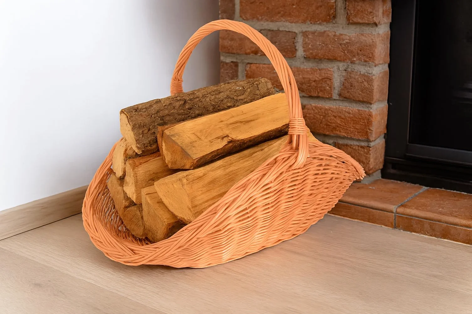 kosz na drewno kominkowe z wikliny 70 x 44 cm – ręcznie robione kosze drewniane i dekoracyjne z uchwytem – kosz na drewno kominkowe naturalny, kosz na opał – uniwersalny do drewna kominkowego