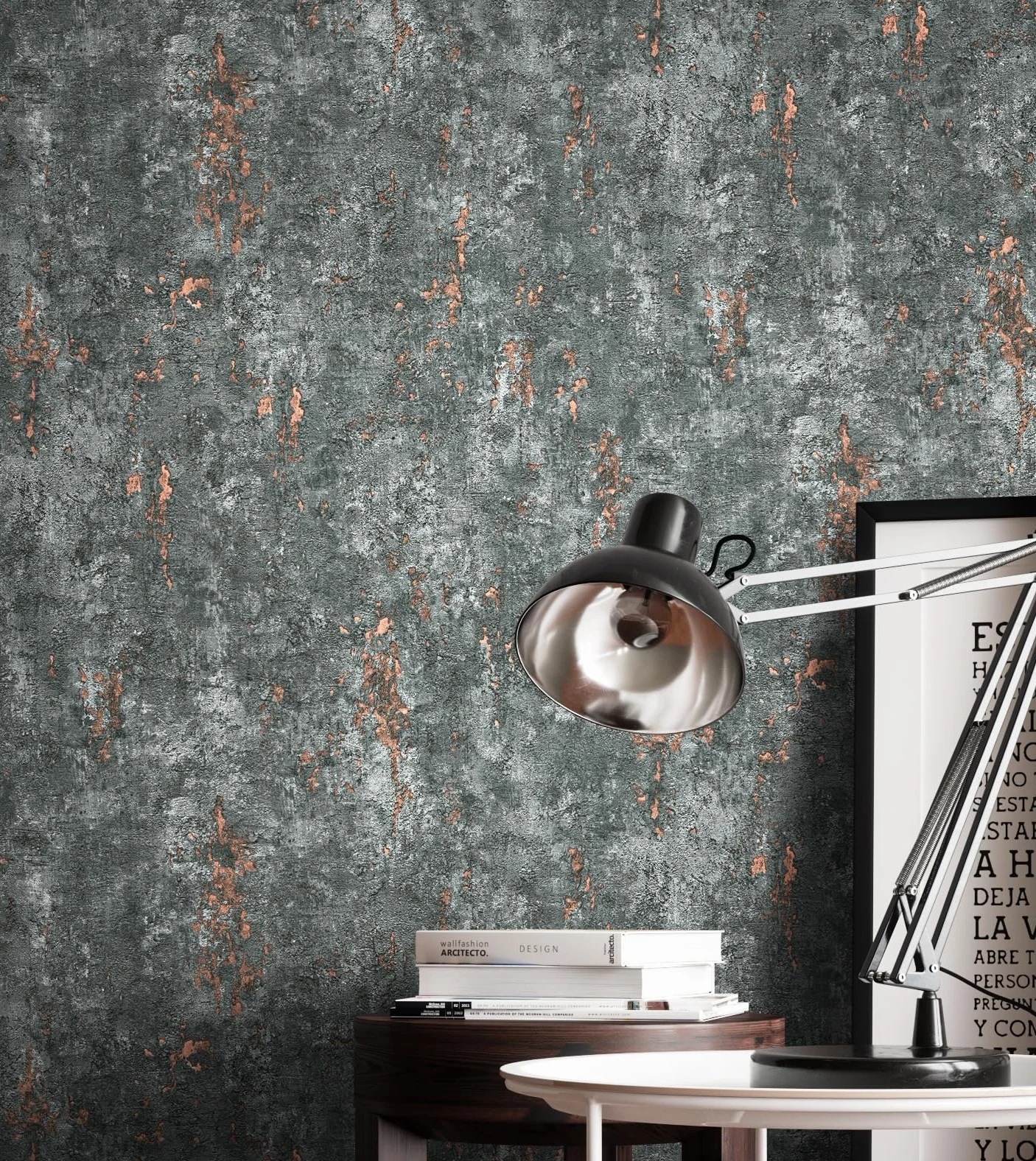 Newroom Tapeta flizelinowa szara beton miedziany do salonu | surowy beton z miedziano-pomarańczowymi drobinami, mieniący się metaliczny połysk, tapeta industrialna, do salonu