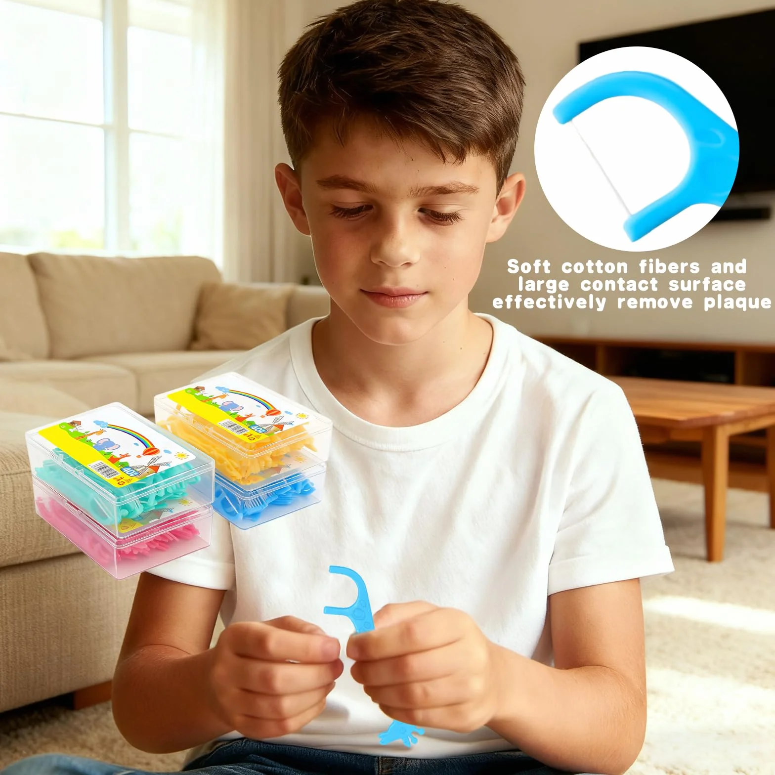 VOSSOT Patyczki z nicią dentystyczną dla dzieci, z nicią dentystyczną, z nicią dentystyczną, zwierzęta, design, odpowiedni dla dzieci, 4 kształty zwierząt, kolorowe kolory