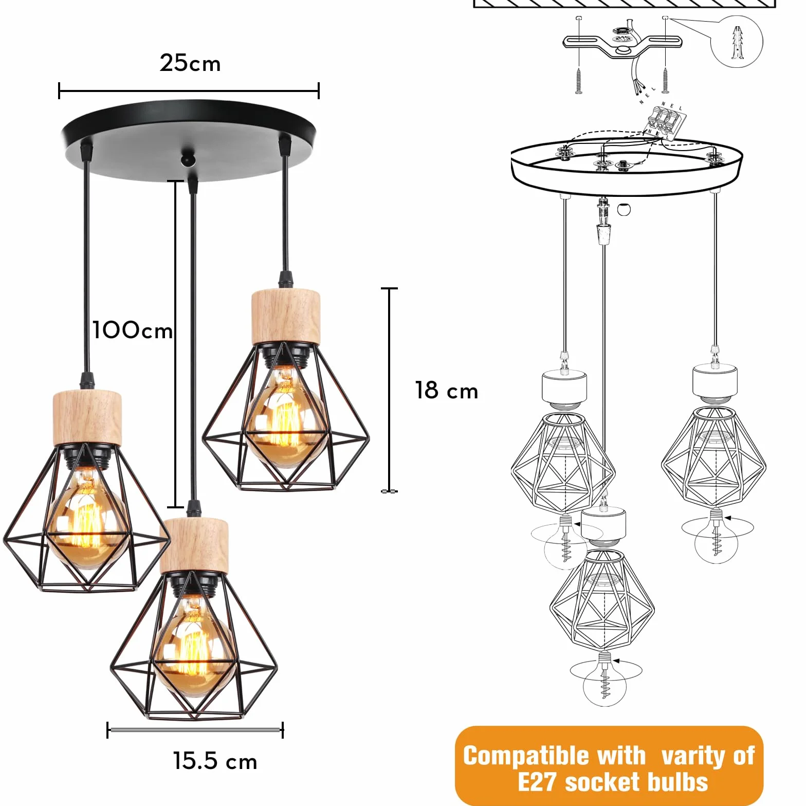 3 światła lampa wisząca vintage 16 cm retro lampy sufitowe konstrukcja czarna drewniana lampa wisząca żelazo E27 oświetlenie sufitowe do sypialni jadalni kuchni (pająk 3 światła A)