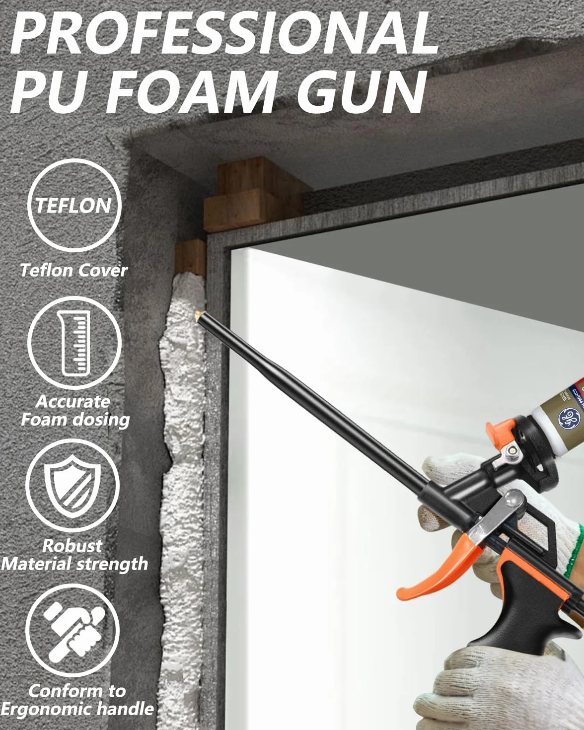 Pistolet do pianki poliuretanowej, pistolet do pianki budowlanej, pistolet dozujący z pianki budowlanej, bez zatykania, łatwe czyszczenie z ergonomicznym uchwytem z tworzywa sztucznego