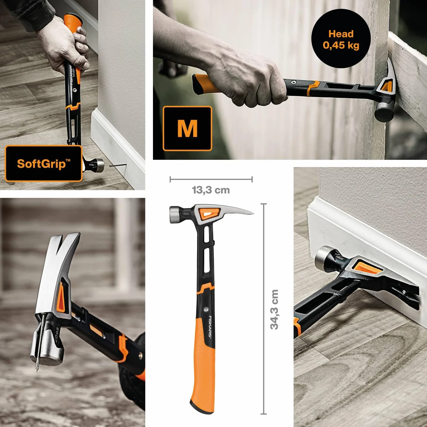 Fiskars Młotek stolarski IsoCore M, Długość: 34 cm, Waga: 0,82 kg, Czarny/ pomarańczowy, 1020213