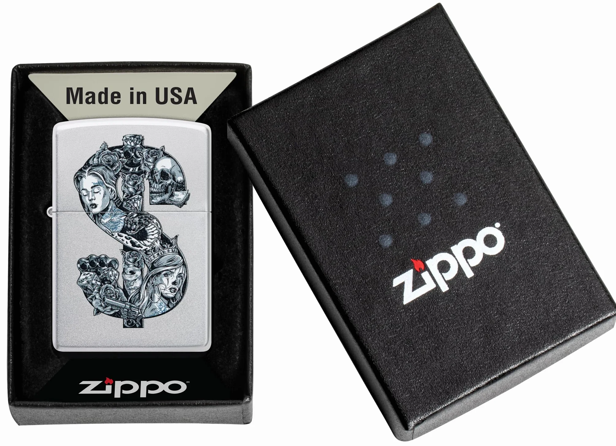 Zippo Tattoo Dollar Zapalniczka Sztormowa, Kolorowy Nadruk, do Napełniania, Wielokrotnego Użytku, Wiatroodporna Konstrukcja, Pudełko na Prezent, Wykonano w USA, Kolor Satynowy Chrom