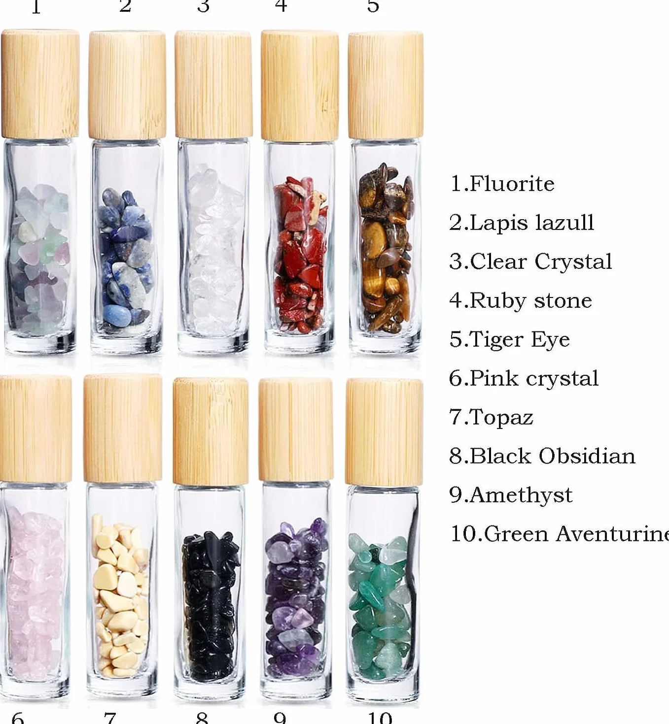 10 sztuk 10 ml butelek z kamieniami szlachetnymi, butelki na próbki z zatyczkami bambusowymi, wewnątrz kryształowe wiórki lecznicze do olejków eterycznych, perfum, aromaterapii