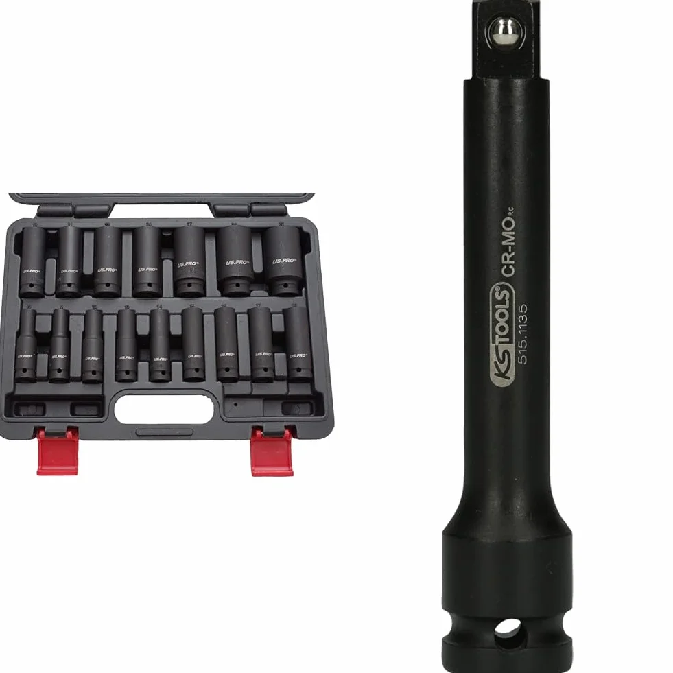 US PRO B1340 nasadek udarowych 1/2" 10-32 mm zestaw nasadek udarowych, 16 sztuk & KS Tools 515.1135 1/2" Wzmacniana przedłużka, 125mm