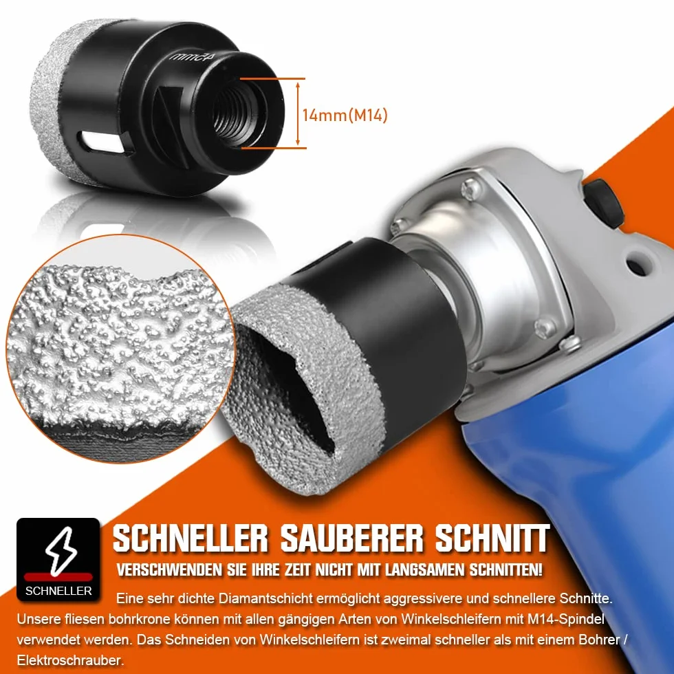 7-częściowy zestaw wierteł do płytek M14 x 15 mm, diamentowa koronka wiertnicza 20-68 mm + tarcza tnąca 125 mm, do szlifierek kątowych, otwornic, płytek, granitu, gresu, ceramiki, muru, korony