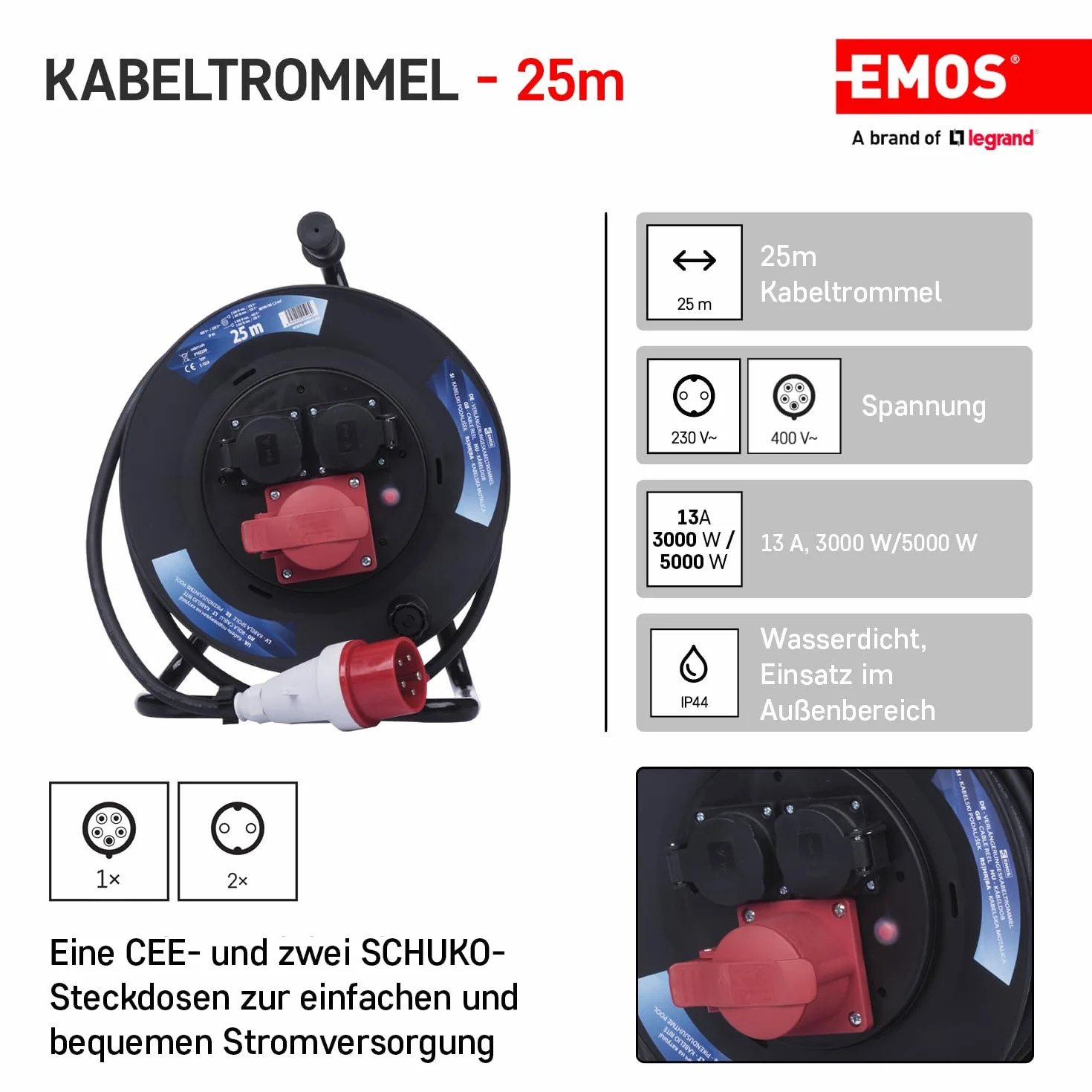 EMOS - Bęben kablowy CEE 25 m - 3 gniazda (1 CEE, 2 Schuko) - wodoszczelny - 230 V/400 V, 13 A, 3000 W/5000 W - izolacja gumowa - H07RN-F 1,5 mm2 - IP44 do użytku na zewnątrz i na kemping
